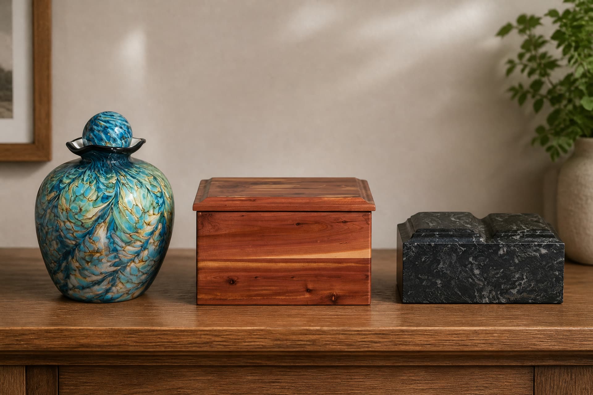 Three companion cremation urns on a wooden sideboard in warm indoor light โ a mottled blue-green blown glass jar, a red cedar box with a lipped lid, and a low black marble double box with a stepped two-lobed top
