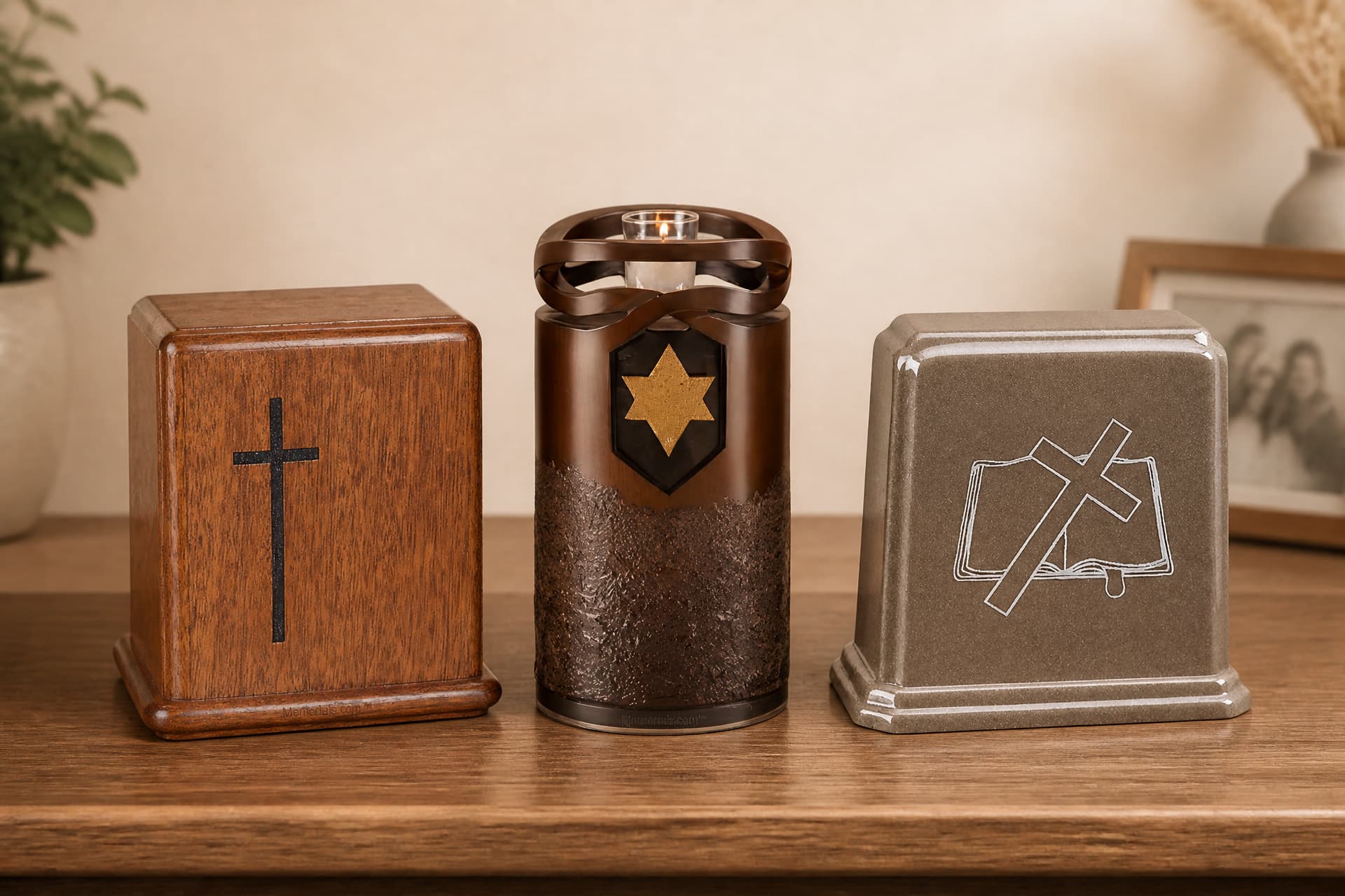 Three religious cremation urns on a wooden sideboard โ a mahogany box inlaid with a black cross, a brown urn whose ribboned top holds a lit tealight, and a taupe stone urn engraved with a cross over an open Bible