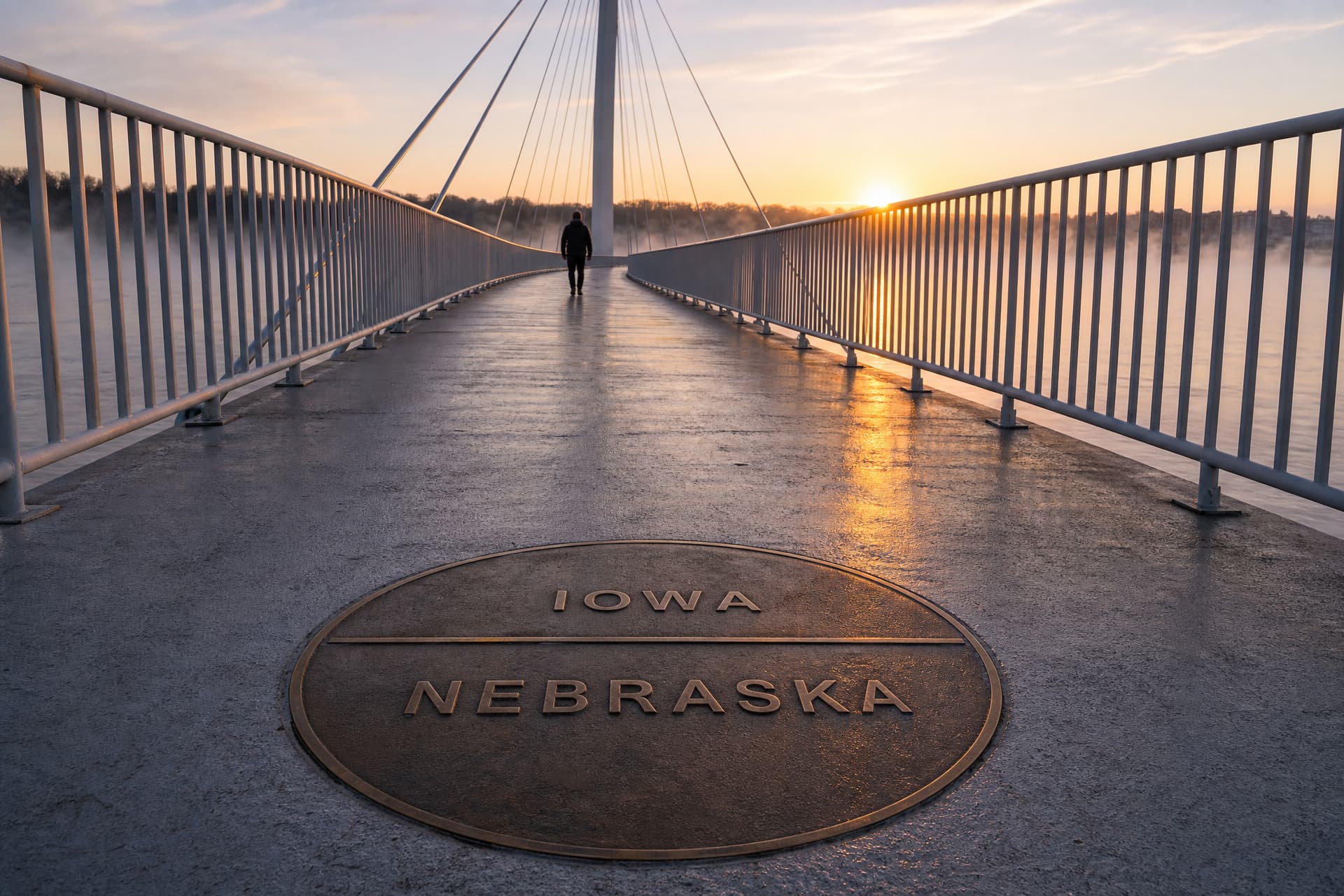 A cable-stayed pedestrian bridge over the Missouri River between Omaha and Council Bluffs at sunrise, one walker mid-span for scale, a round bronze deck medallion in the foreground lettered NEBRASKA on the near half and IOWA beyond