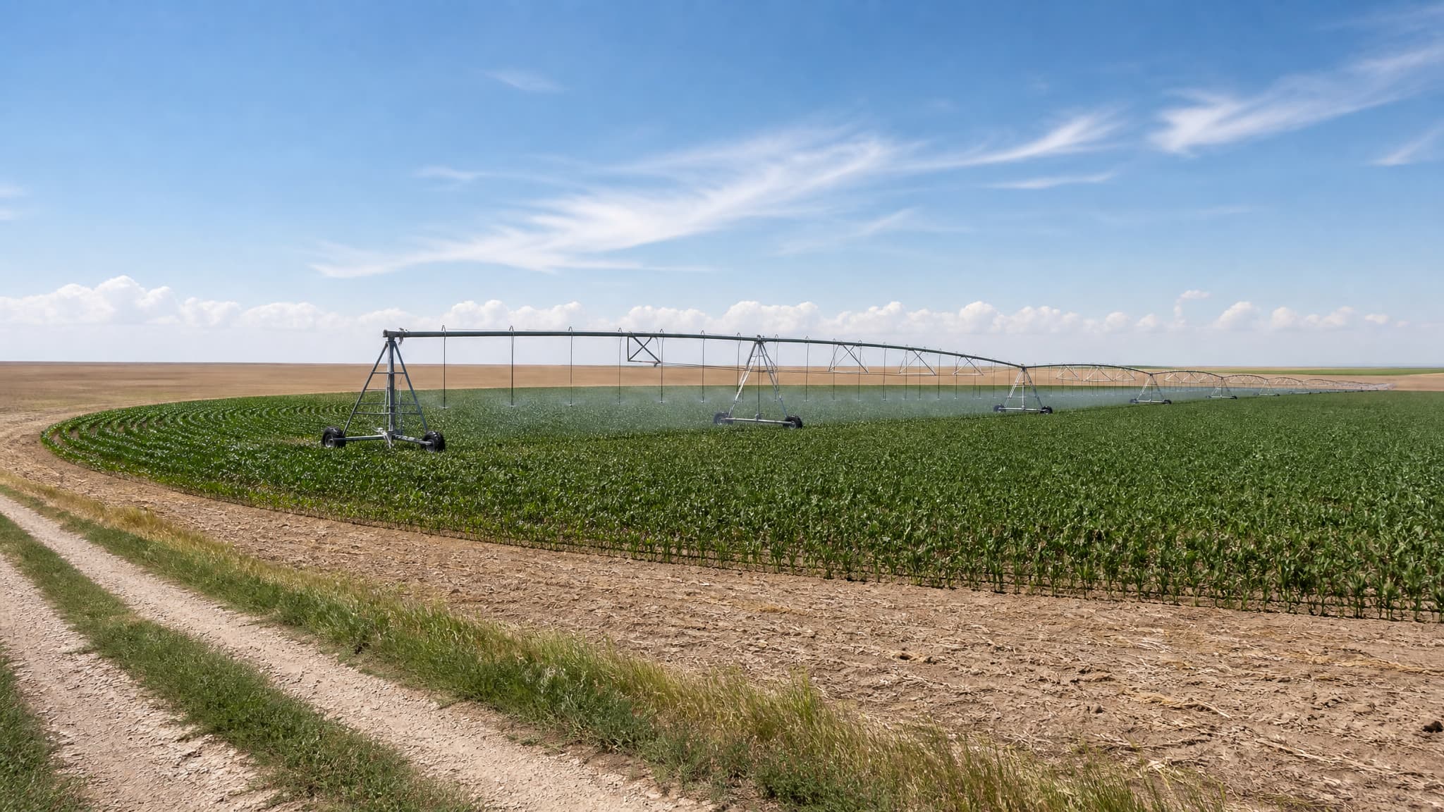 A center-pivot irrigation boom on wheeled towers sweeps across a green Nebraska crop circle at midday, spraying mist, the corn stopping in a clean arc where the dry brown corners of the section begin