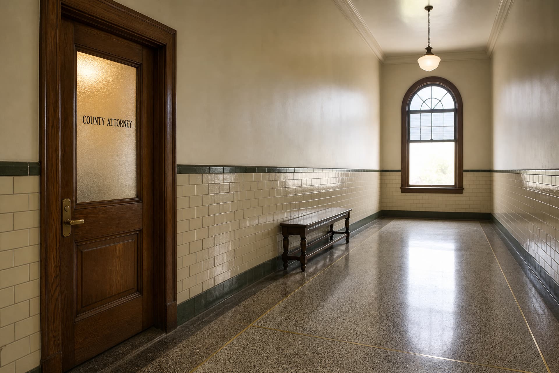 A quiet county courthouse corridor with an oak door whose frosted glass panel is lettered COUNTY ATTORNEY in black, a plain wooden bench against the tiled wall opposite and daylight from a tall arched window at the far end