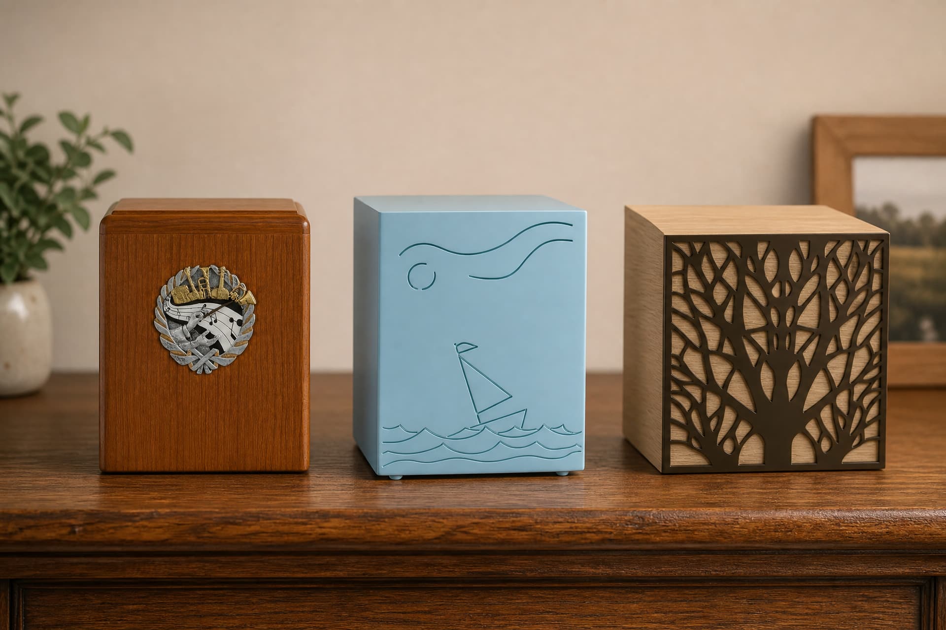 Three cremation urns on a wooden sideboard in a softly lit room: a dark oak box with a cast musical medallion, a pale blue box incised with a sailboat, and a light wood box with a dark cut-out tree panel
