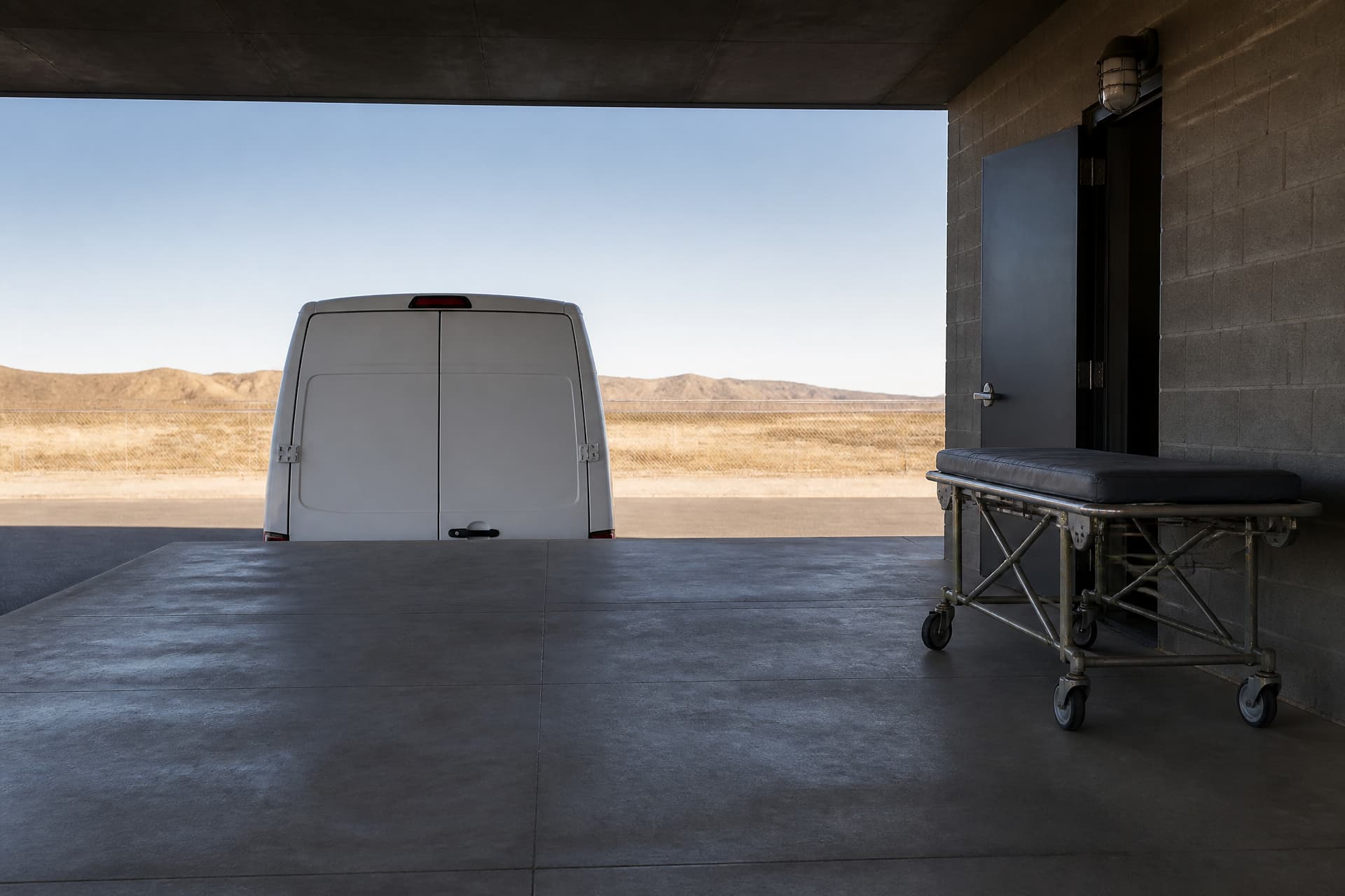 A plain white unmarked van reversed against the concrete receiving deck of a covered county bay at sunrise, only its closed rear doors above the deck line, a wheeled cot beside an open steel door