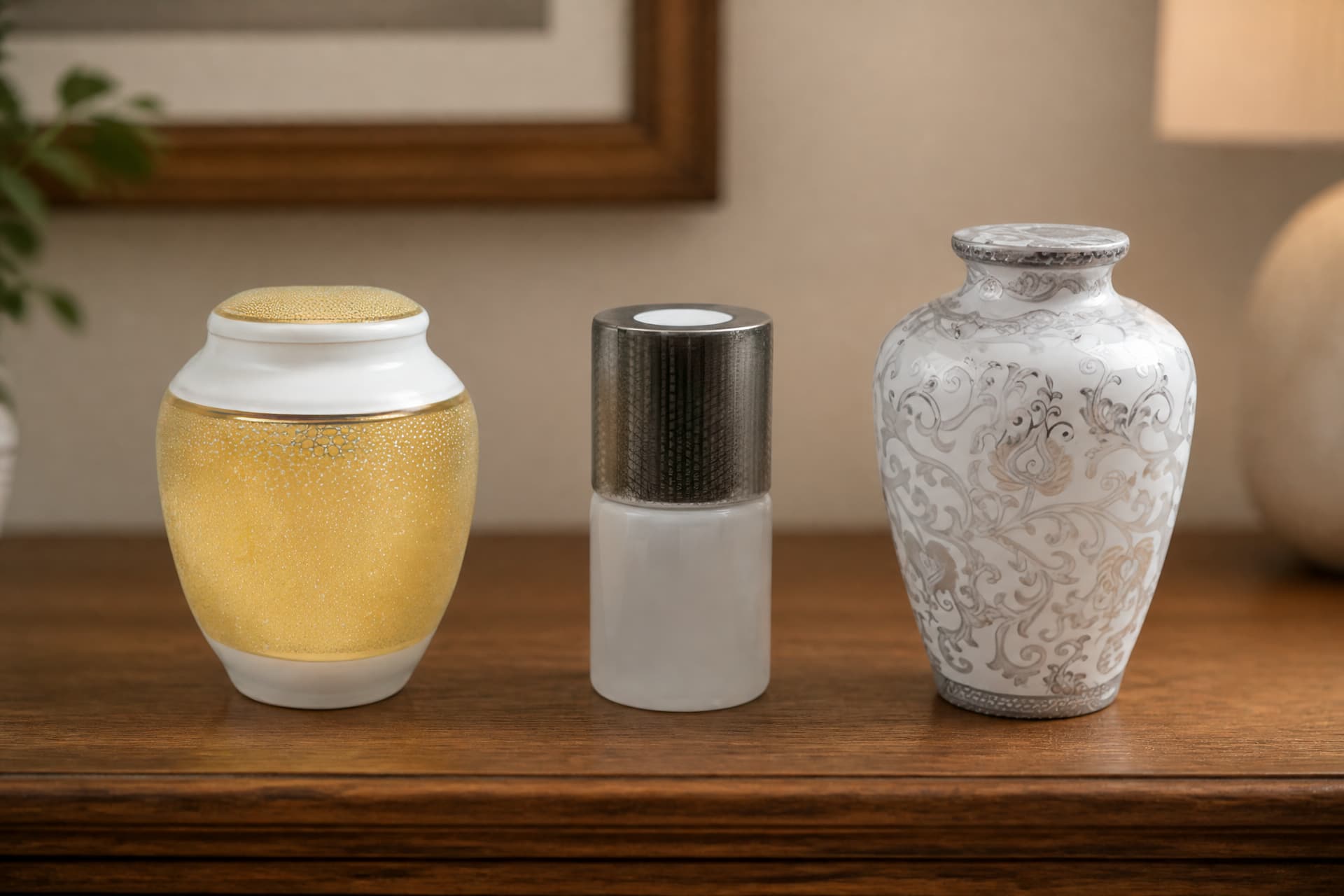 Three ceramic cremation urns in a row on a wooden shelf in soft lamplight β a gold-and-white glazed urn, a white cylinder with a dark metallic top, and a white vase-shaped urn with silver scrollwork