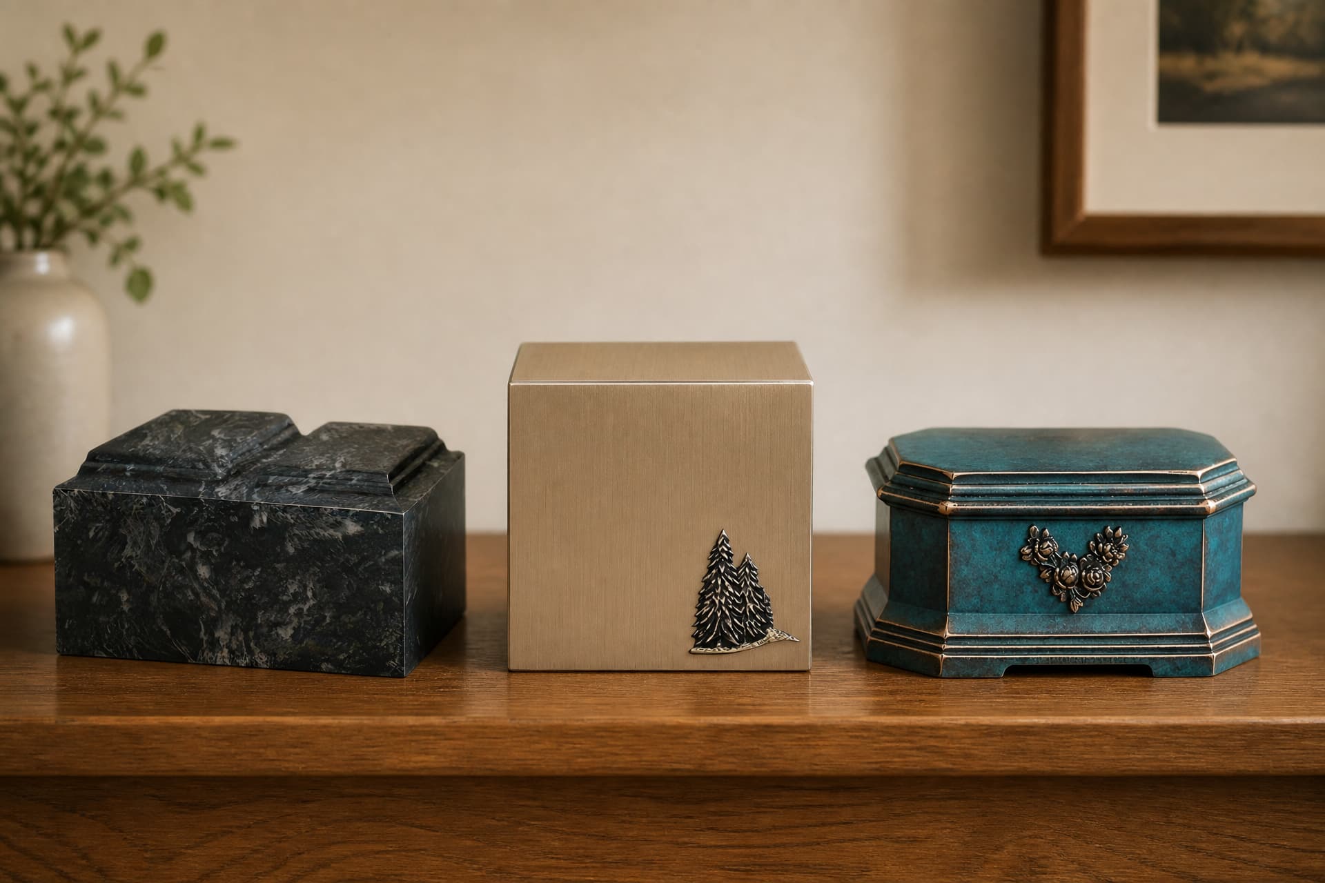 Three companion cremation urns in a row on a wooden sideboard in warm light β a dark green marble box, a brushed metal cube with a pine-tree relief, and a verdigris bronze urn, none engraved