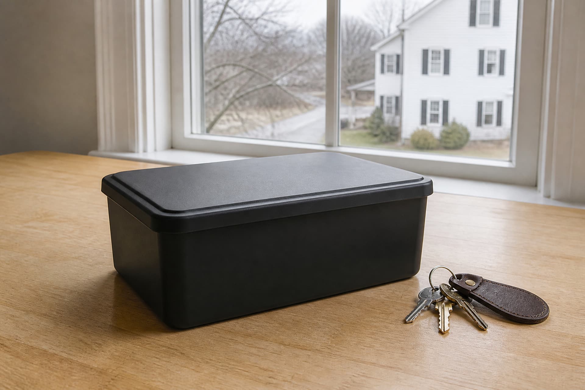 A plain black plastic temporary cremation container with a snap-on lid, unmarked, on a pale maple kitchen table beside a ring of keys on a leather fob, a window behind showing bare trees and a white clapboard house across a road