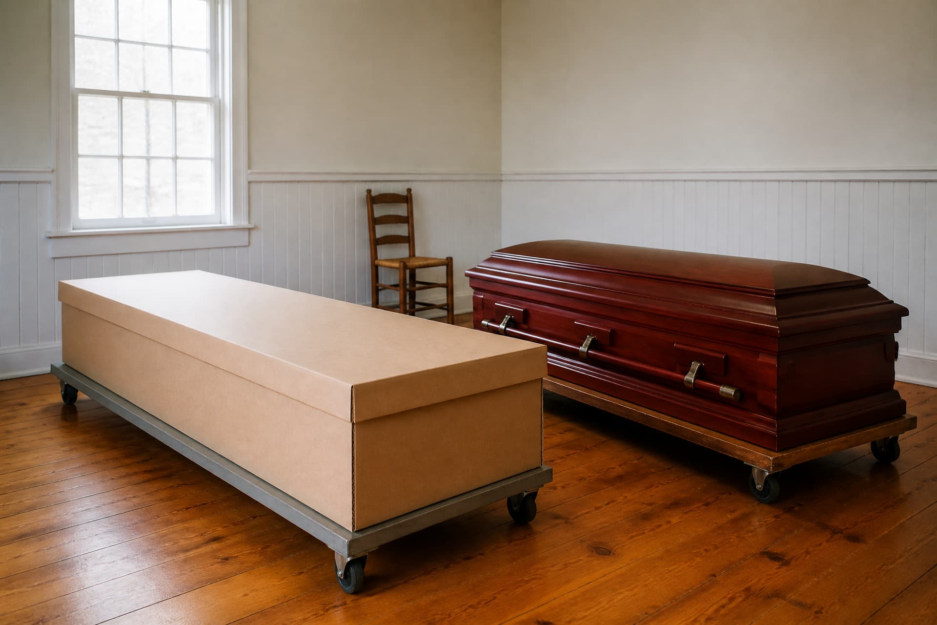 A plain kraft fiberboard cremation container on a low steel cart beside a polished cherry casket on a wooden church truck, each about six and a half feet long, in a bare selection room with pine floorboards and white beadboard