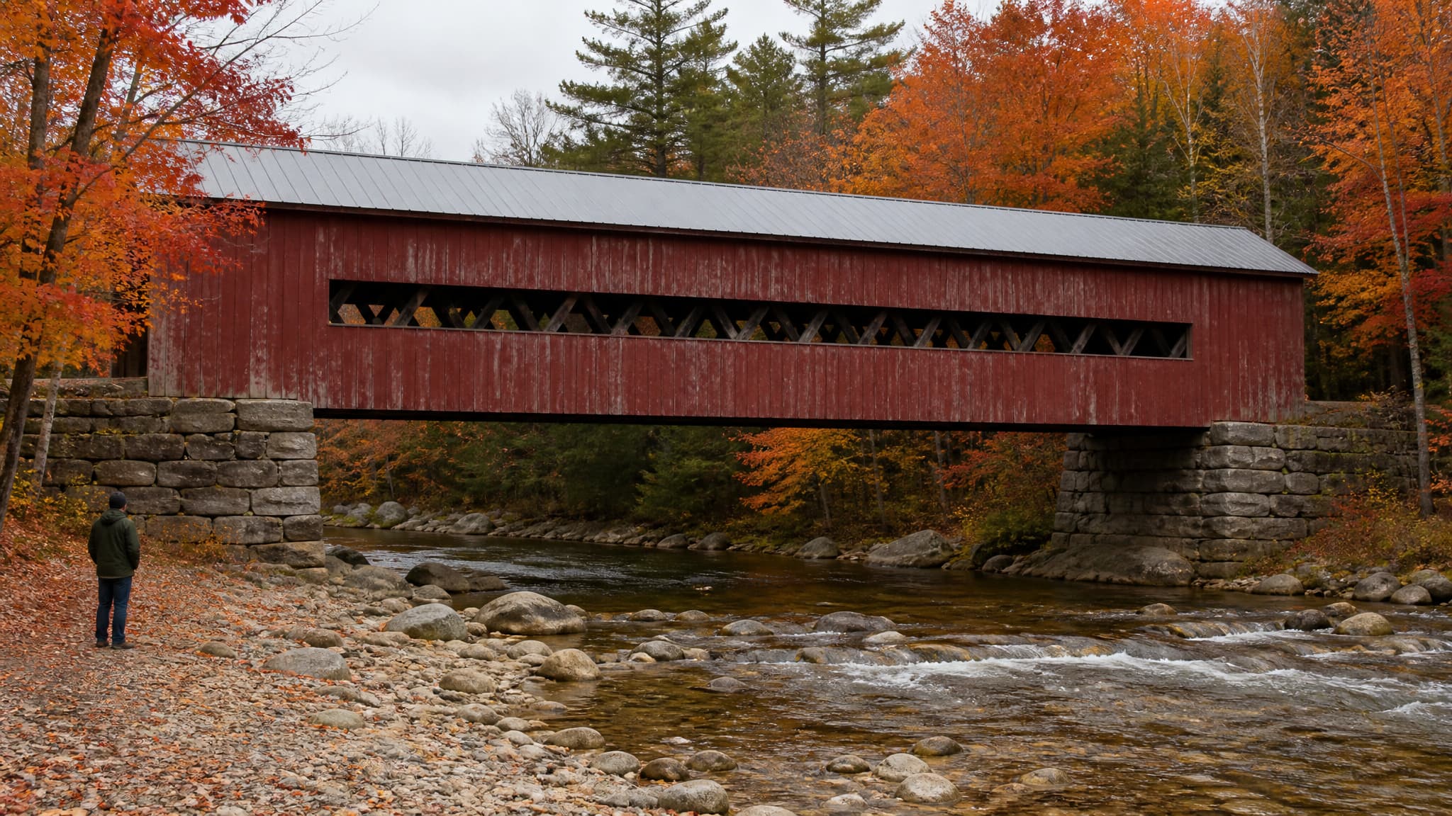A red wooden covered bridge on granite abutments crossing a New Hampshire river in mid-autumn, sugar maples in full orange on both banks, one person standing on the near gravel bank beneath, clear water over pale stones