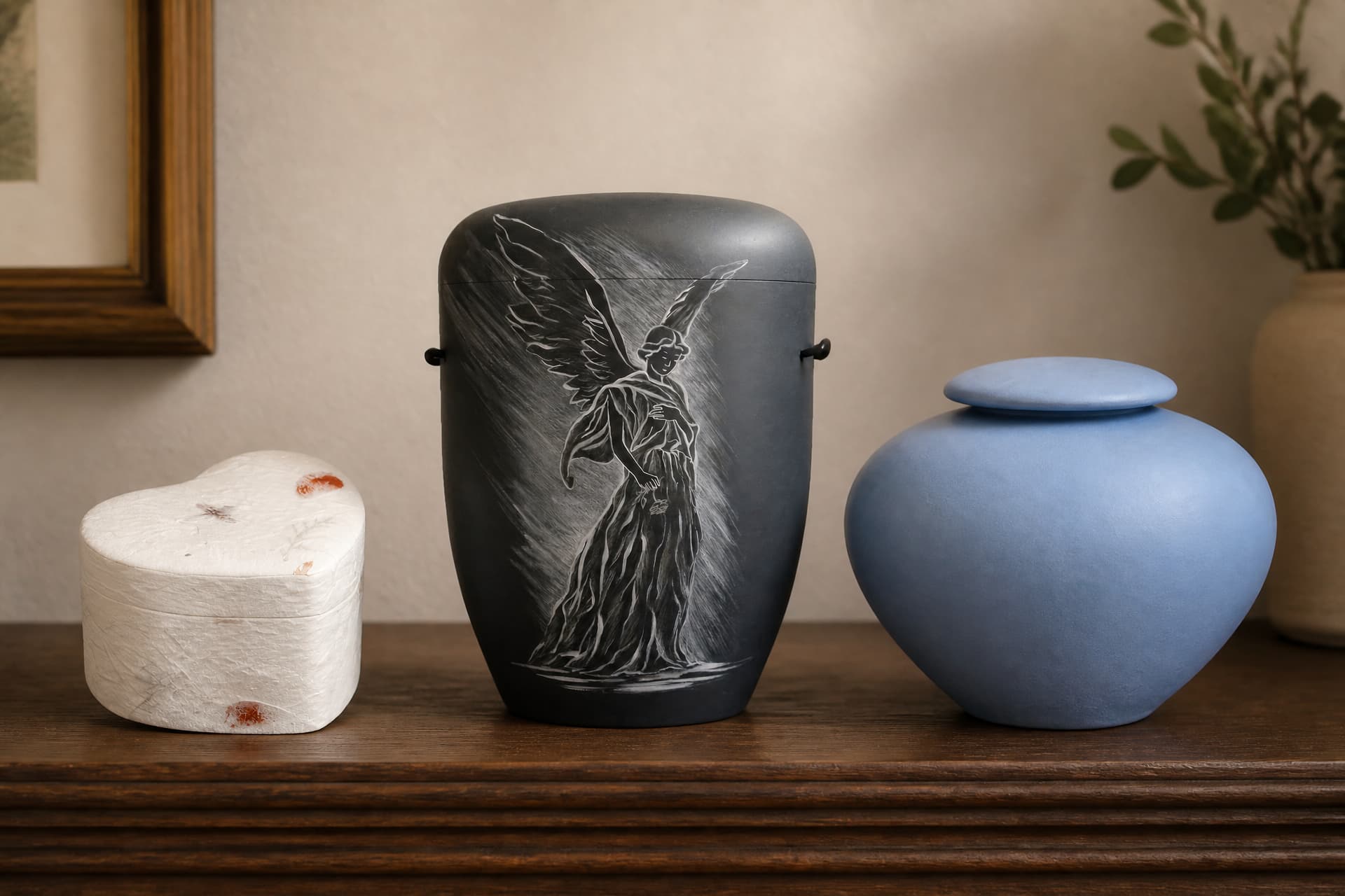 Three biodegradable cremation urns on a dark wooden shelf: a small cream heart-shaped box with pressed petals, a tall charcoal urn engraved with a white angel, and a rounded matte blue jar with a lid