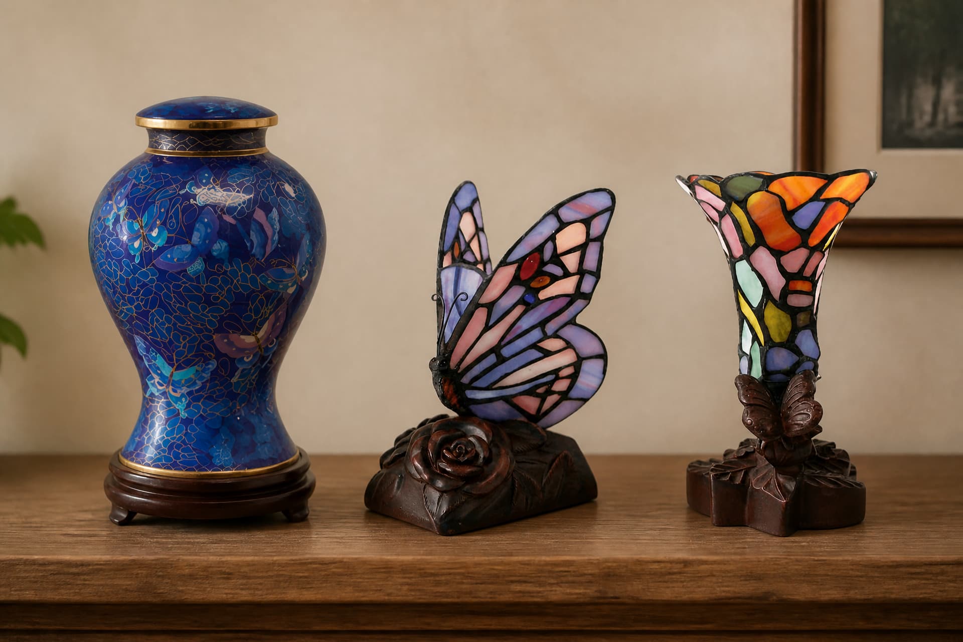 Three butterfly cremation urns on a wooden sideboard: a tall cobalt cloisonne urn patterned with butterflies on a wooden foot, a stained-glass butterfly on a carved rose base, and a stained-glass trumpet flower on a leaf base