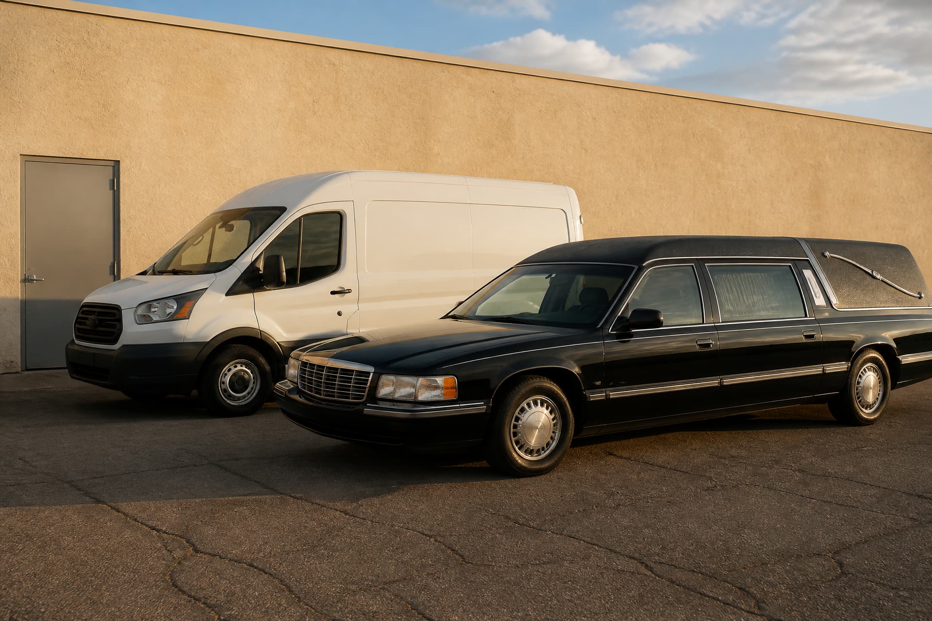 A plain unlettered white transfer van and a black hearse parked side by side on a funeral home's cracked asphalt back lot in late afternoon sun, a tan stucco wall and a gray steel service door behind them for scale