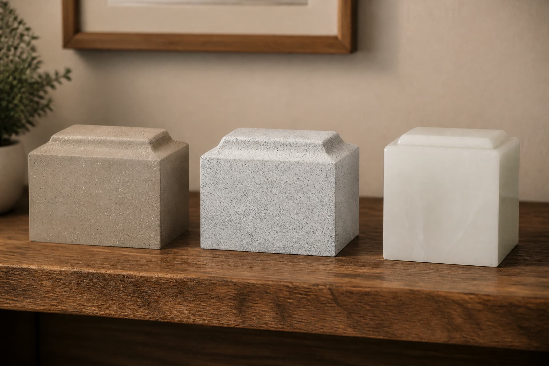 Three cultured stone cremation urns standing in a row on a wooden sideboard in warm indoor light โ a tan speckled box, a gray-white speckled box, and a smooth ivory one with a recessed square lid