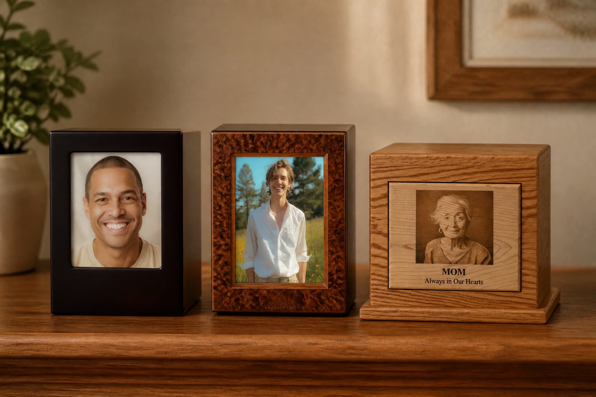 Three photo cremation urns standing in a row on a wooden sideboard in warm indoor light โ a dark cherry box, a burl-veneer frame, and an oak urn with a portrait laser-engraved into a maple panel