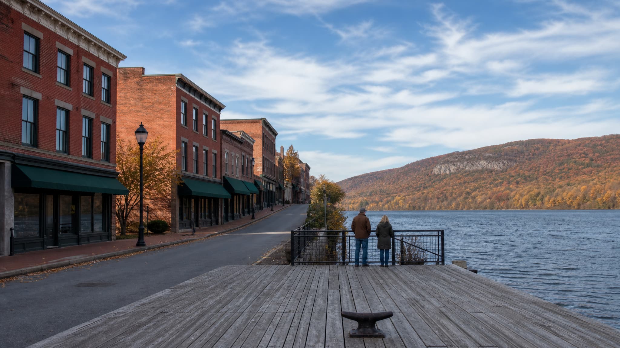 A Hudson Valley river town on an autumn afternoon seen from its public dock: a street of two- and three-story red brick buildings with green awnings runs away along the waterfront on the left, two people in coats stand at the dock rail looking across the water, and wooded hills in rust and gold rise on the far bank