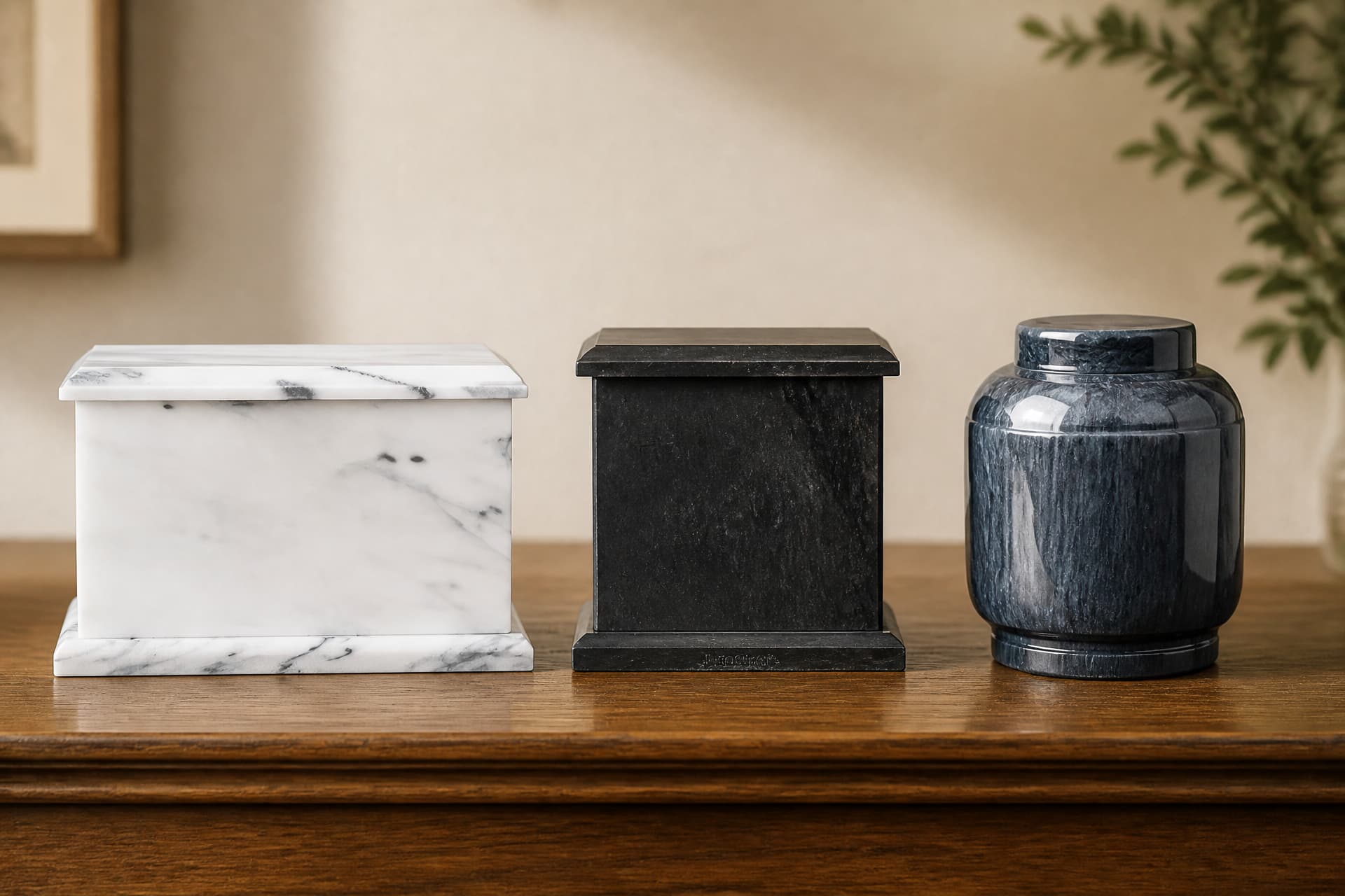 Three marble cremation urns standing in a row on a dark wooden sideboard โ a white marble chest with a stepped lid, a square black marble box on a molded base, and a rounded dark gray marble jar โ against a plain warm wall