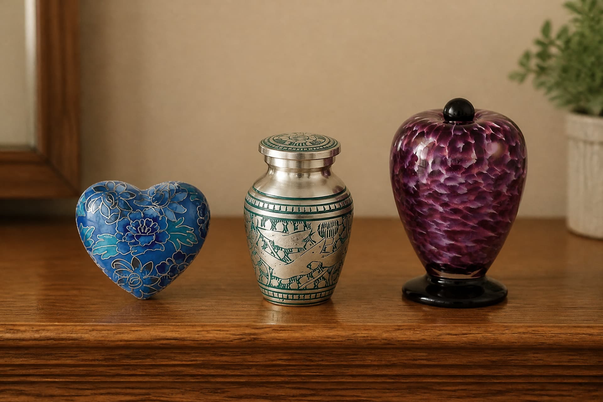 Three small keepsake cremation urns standing in a row on a wooden shelf in a family home โ a blue floral cloisonne heart, a silver urn banded in green, and a mottled purple glass urn on a black foot โ with a picture frame behind them at the left and a small potted plant at the right