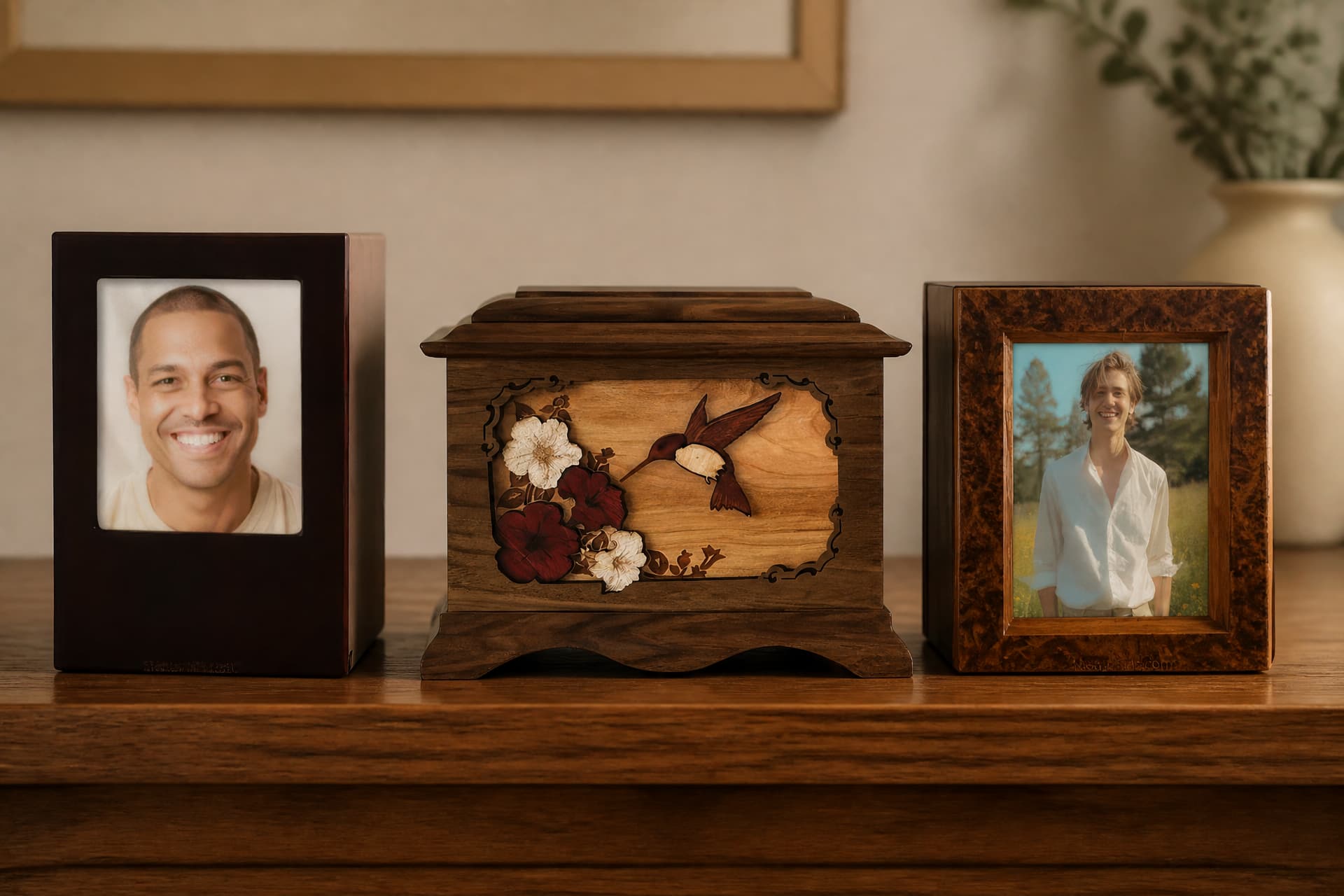 Three custom cremation urns on a wooden sideboard in soft daylight โ a dark cherry urn with a recessed portrait photograph, a walnut chest inlaid with a hummingbird and flowers, and a burl-framed vertical photo urn