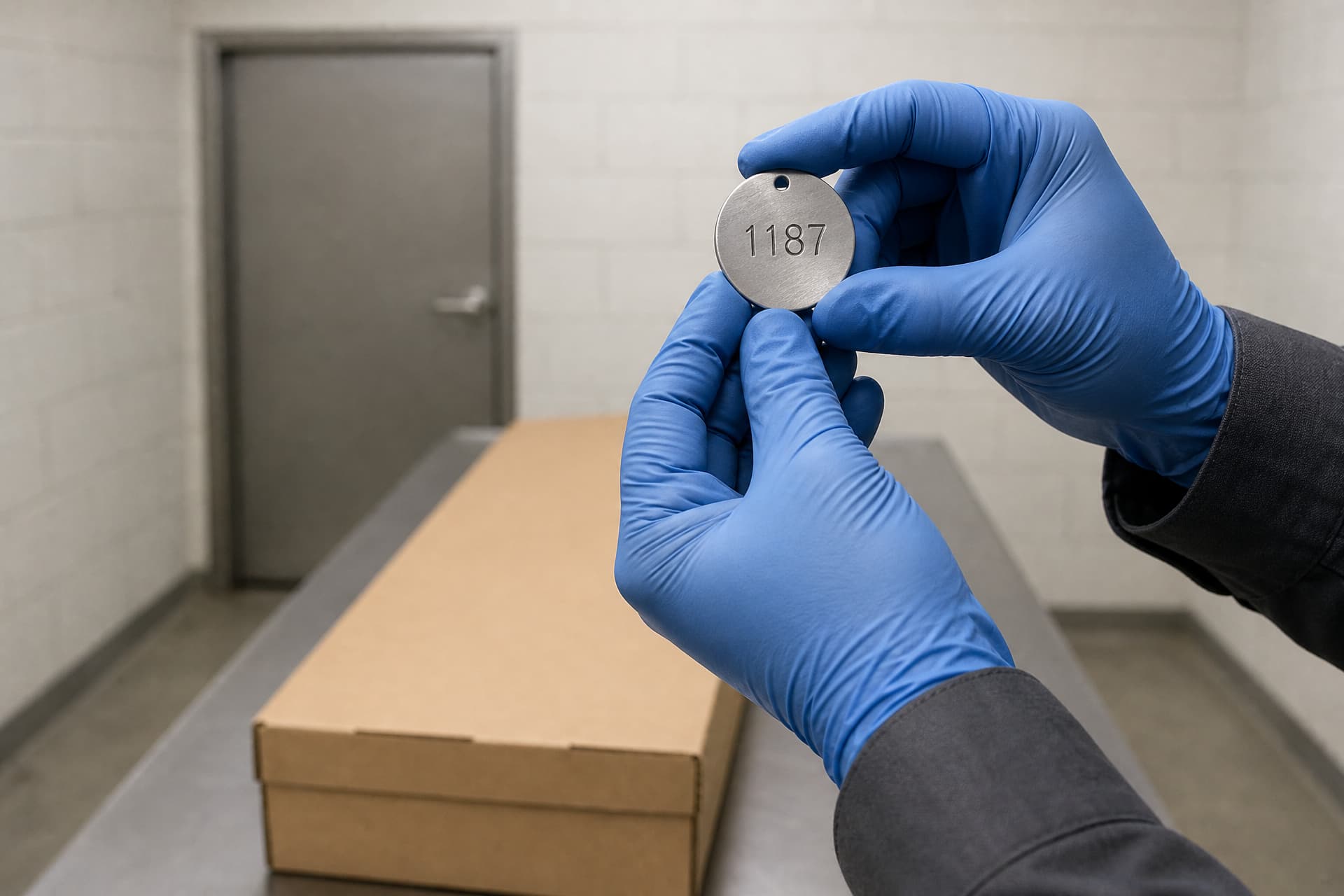 Two blue-gloved hands holding a small stainless steel identification disc stamped 1187 in a working crematory, with a plain kraft cardboard cremation container resting on a stainless bench softly out of focus behind them