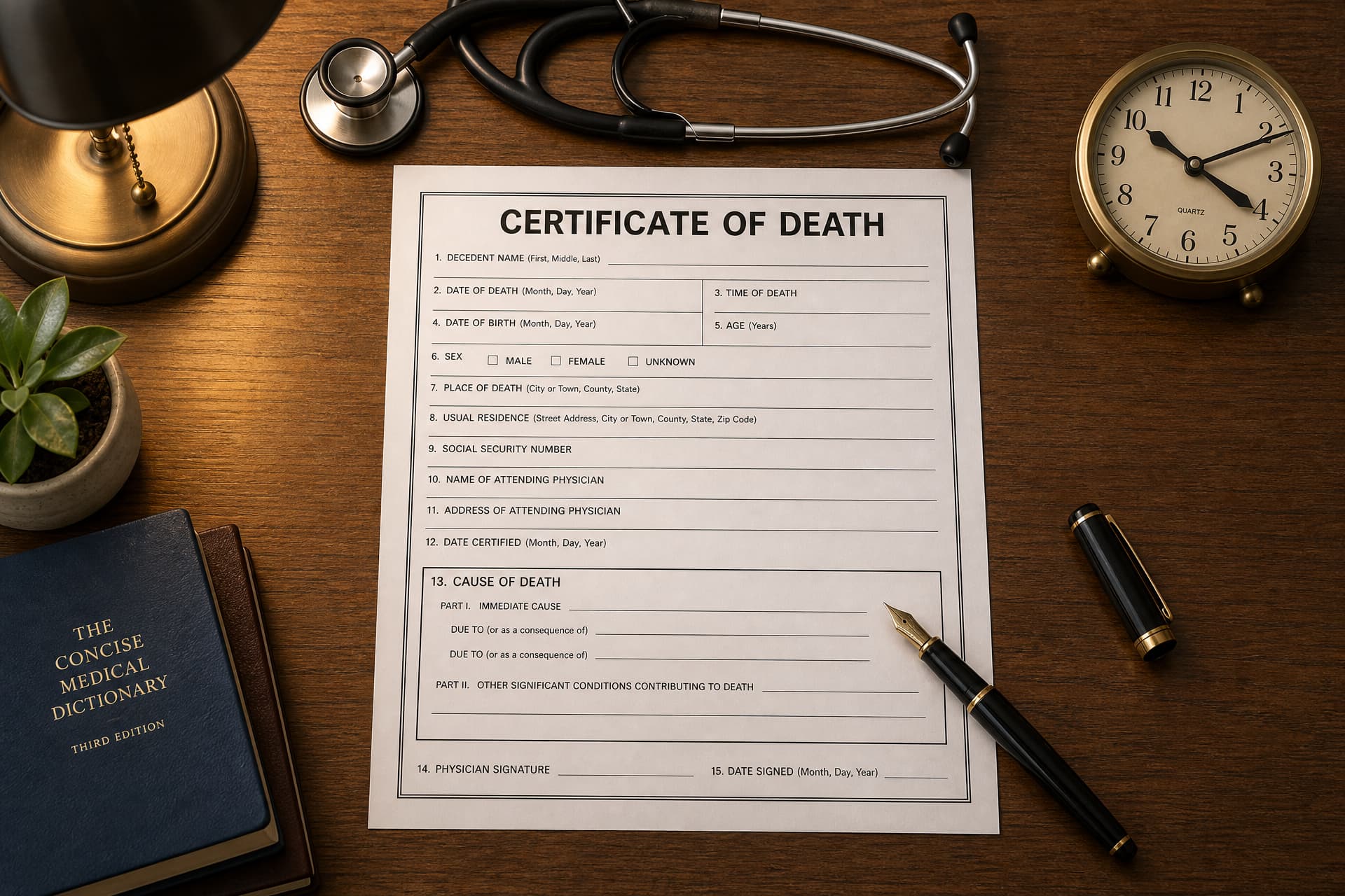 A blank certificate of death form lying on a physician's desk, photographed from directly above, with a folded stethoscope along the top edge, an uncapped fountain pen across one corner and a small brass desk clock at the upper right