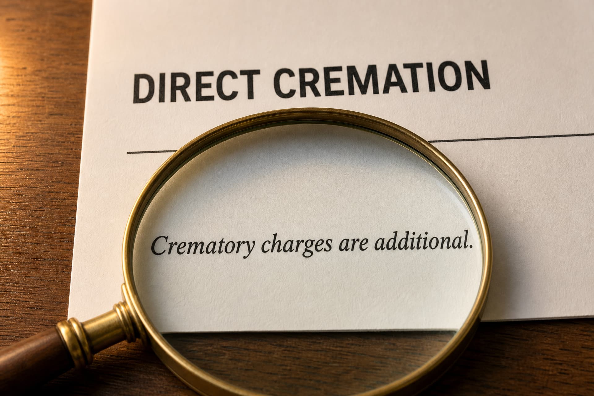 A close crop of a printed funeral home price list showing the heading DIRECT CREMATION in bold capitals, and below a thin rule a smaller italic line reading "Crematory charges are additional", magnified by a brass reading glass resting on the page