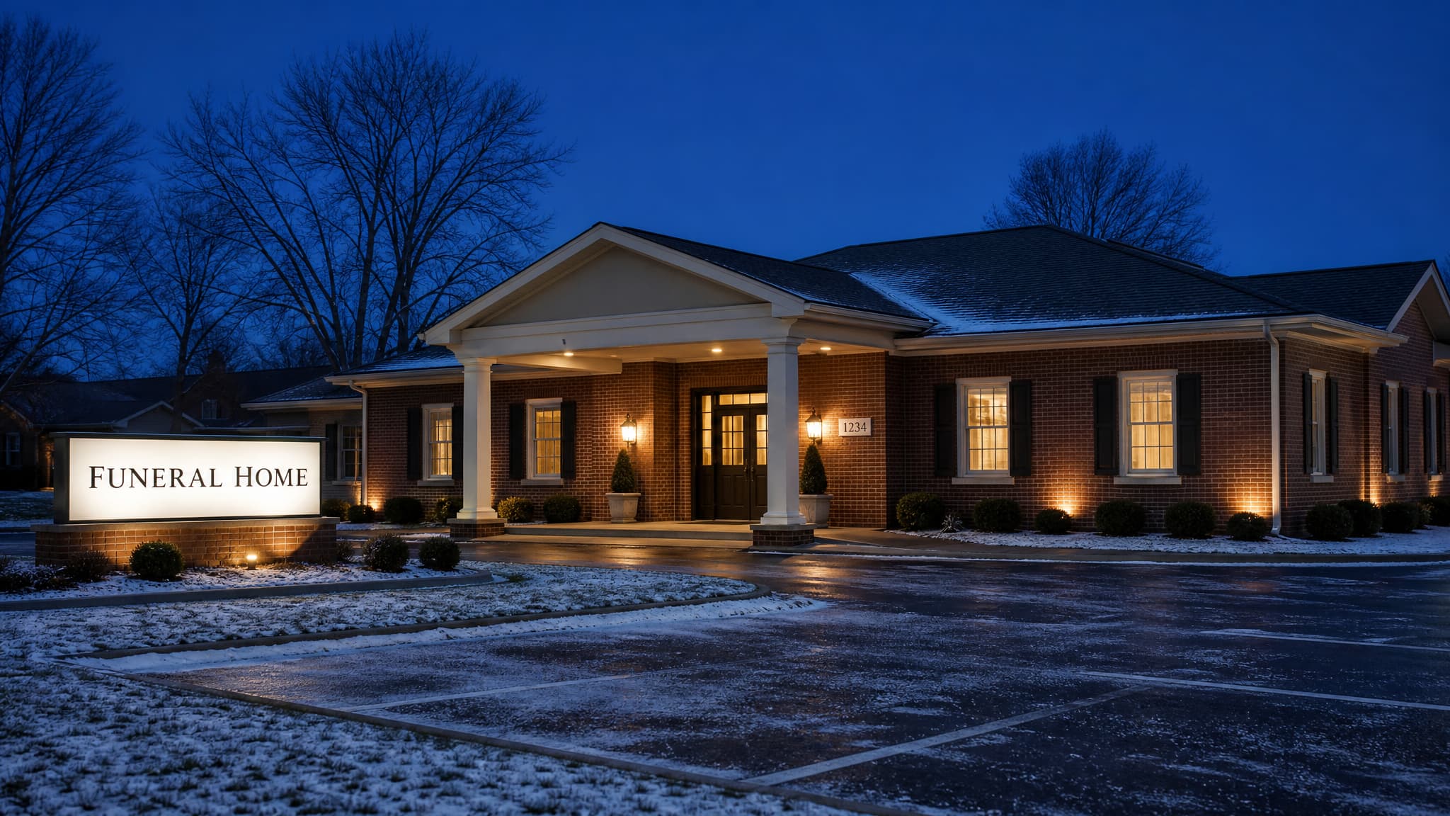 An Ohio funeral home at dusk in winter, a low brick building with lit windows and a covered entrance, bare trees and snow on the grass beside the parking area