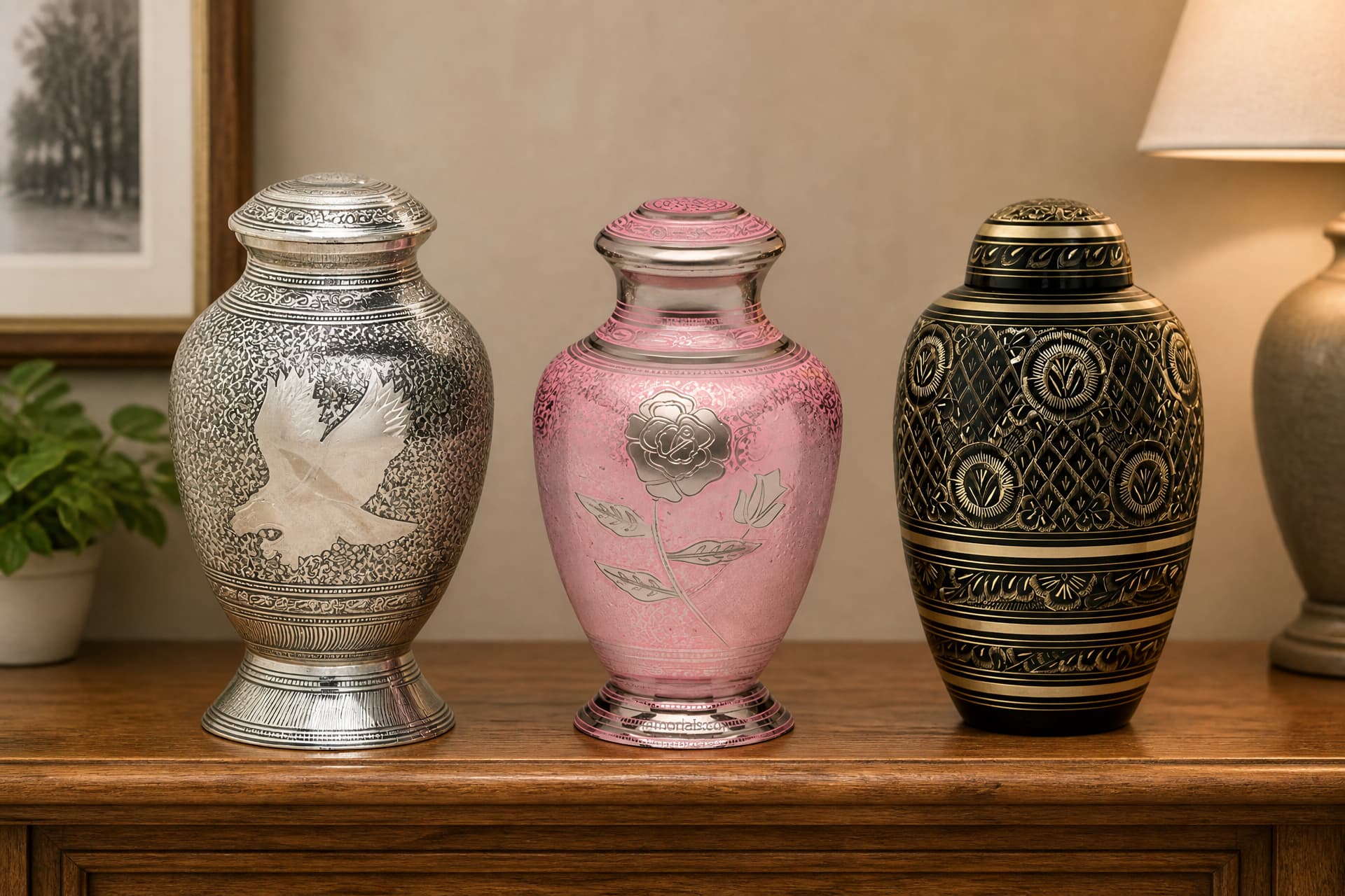 Three brass cremation urns standing on a wooden sideboard โ a silver urn engraved with a flying eagle, a pink urn with a silver rose, and a black urn with gold banding and floral detail