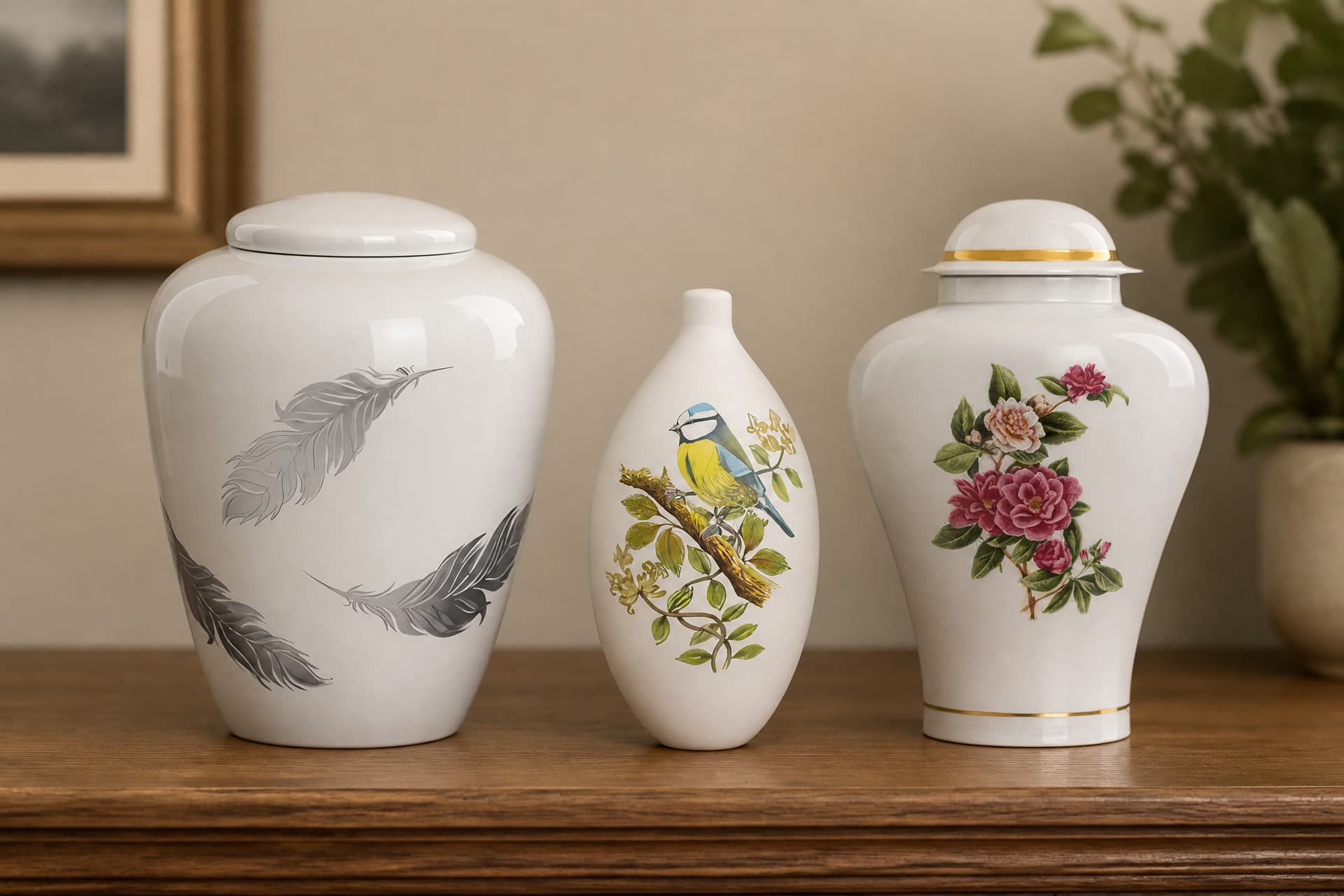 Three ceramic cremation urns on a wooden mantel โ a tall ivory urn with gray feathers, a small white keepsake painted with a blue and yellow bird, and a white porcelain urn with pink camellias and gold banding