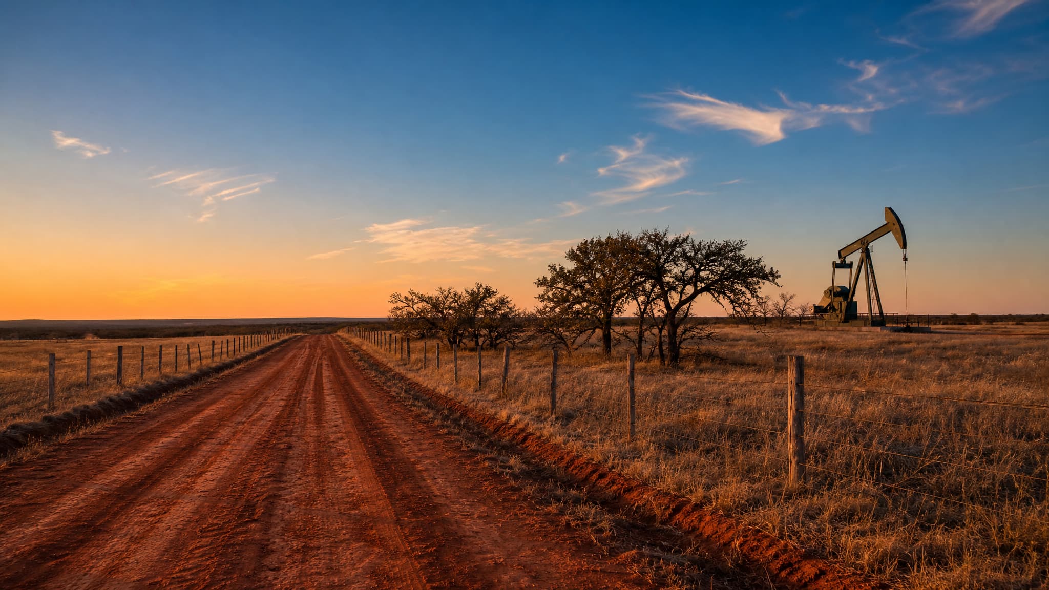 A red-dirt section road running away between barbed-wire fences under low evening light, a working pumpjack standing in the field at right with its beam raised, scrub oak along the fence line and a wide gold and blue Oklahoma sky above