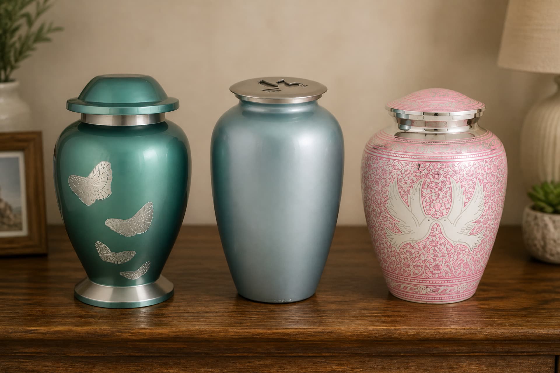 Three metal cremation urns in a row on a wooden sideboard in warm indoor light โ a teal urn inlaid with silver butterflies, a plain pale blue one, and a pink urn engraved with two silver doves