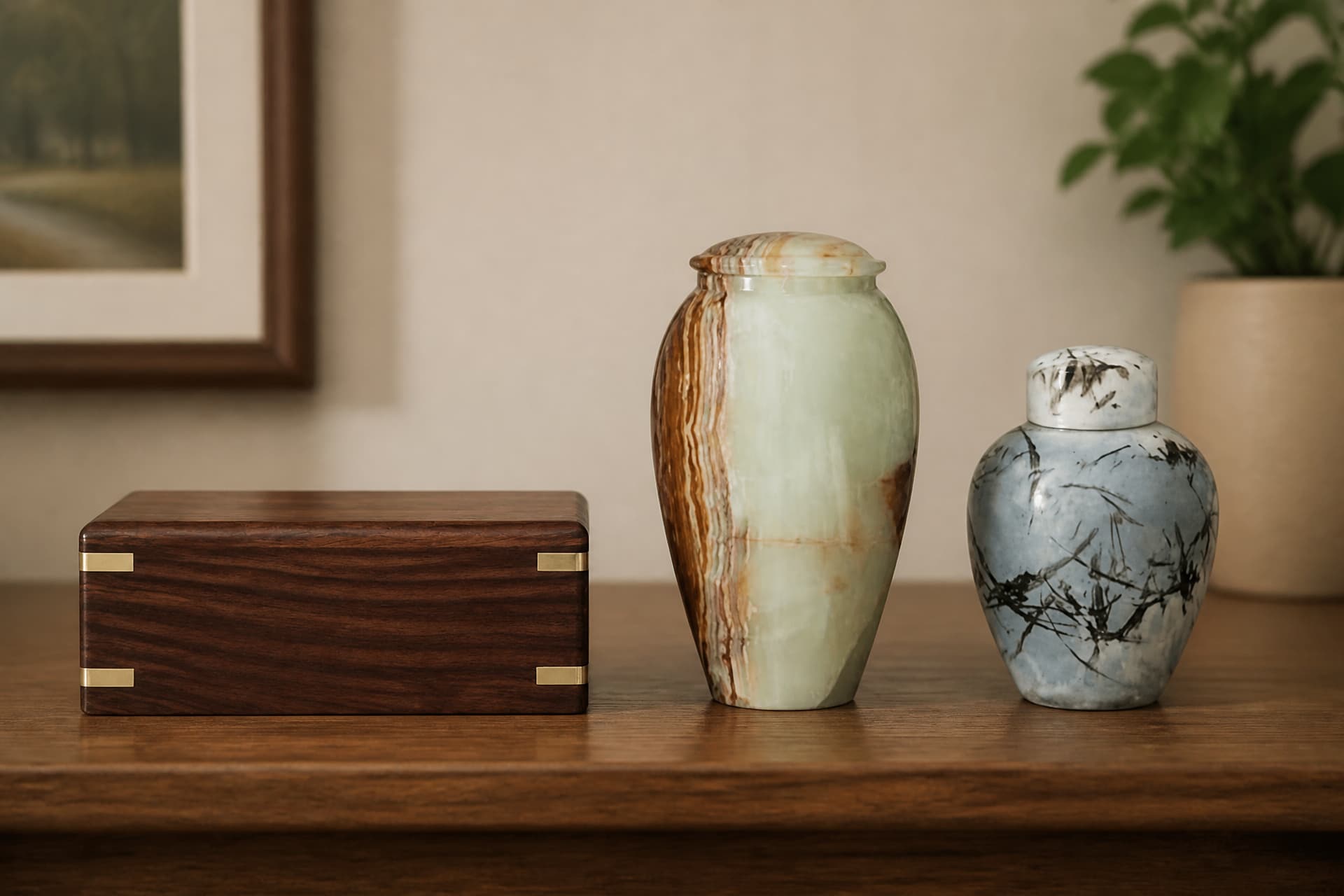 Three small keepsake cremation urns on a wooden sideboard in soft indoor light โ a dark wooden box with brass corner inlays, a banded green onyx vase urn and a gray-and-white ceramic jar โ photographed at eye level