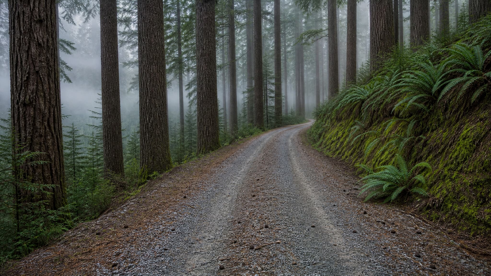A gravel logging road curving away into coastal Douglas fir, low fog lying between the trunks, sword ferns and moss thick on the cut bank, no vehicle anywhere in the frame