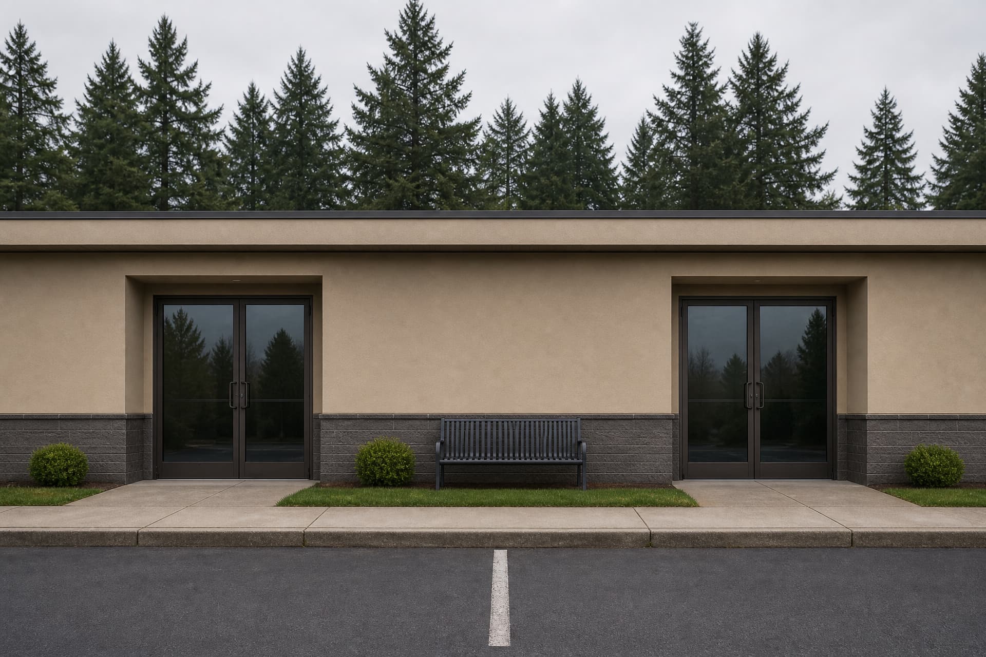 A long single-story beige stucco building under one unbroken roofline, photographed straight on in flat overcast light: two identical glass entrance doorways about forty feet apart, an empty bench between them, Douglas firs behind