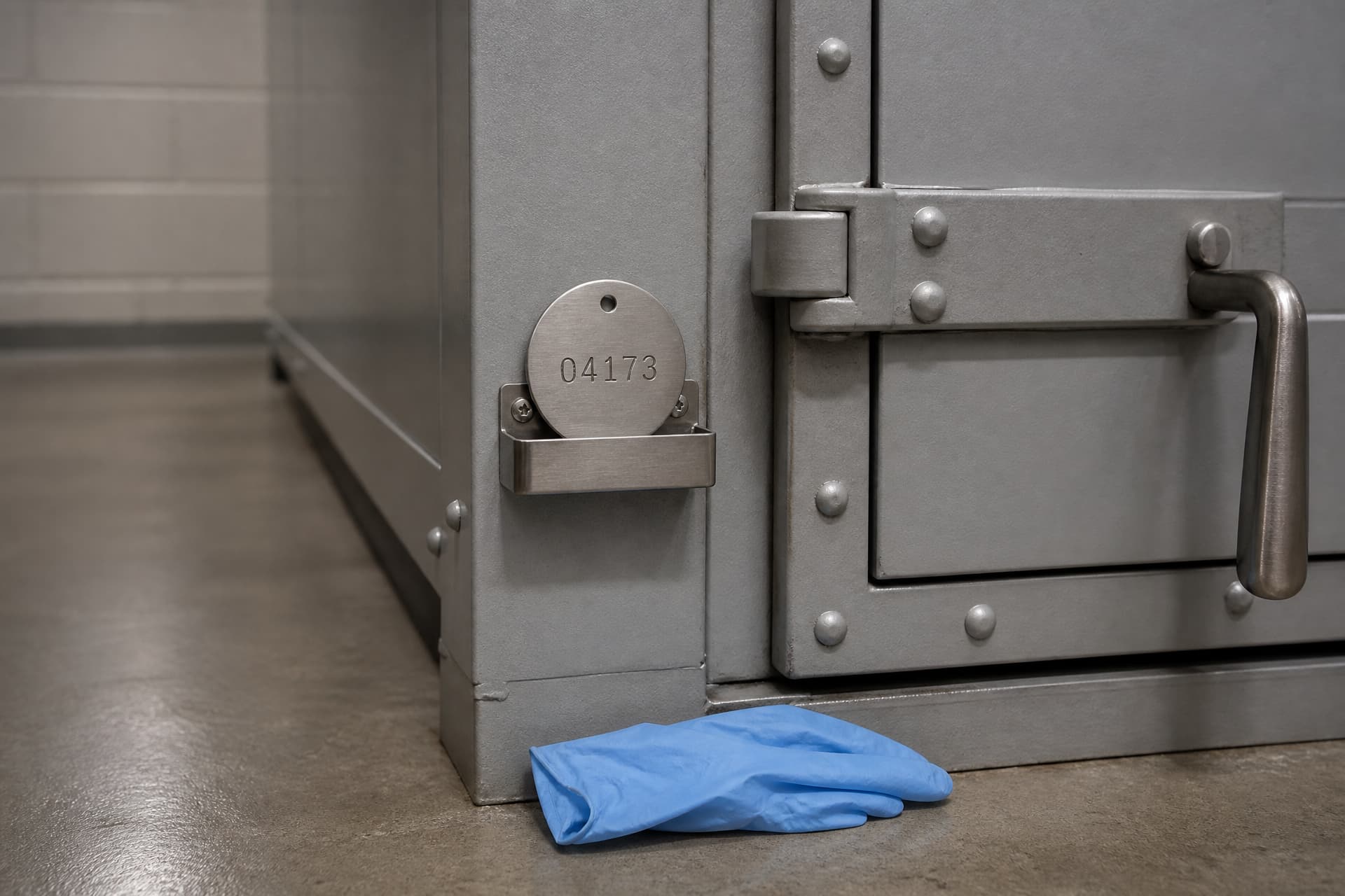 A stainless steel identification disc stamped 04173 standing in a small metal holder bolted to the outside of a cremation chamber, beside the heavy riveted steel door and its lever handle