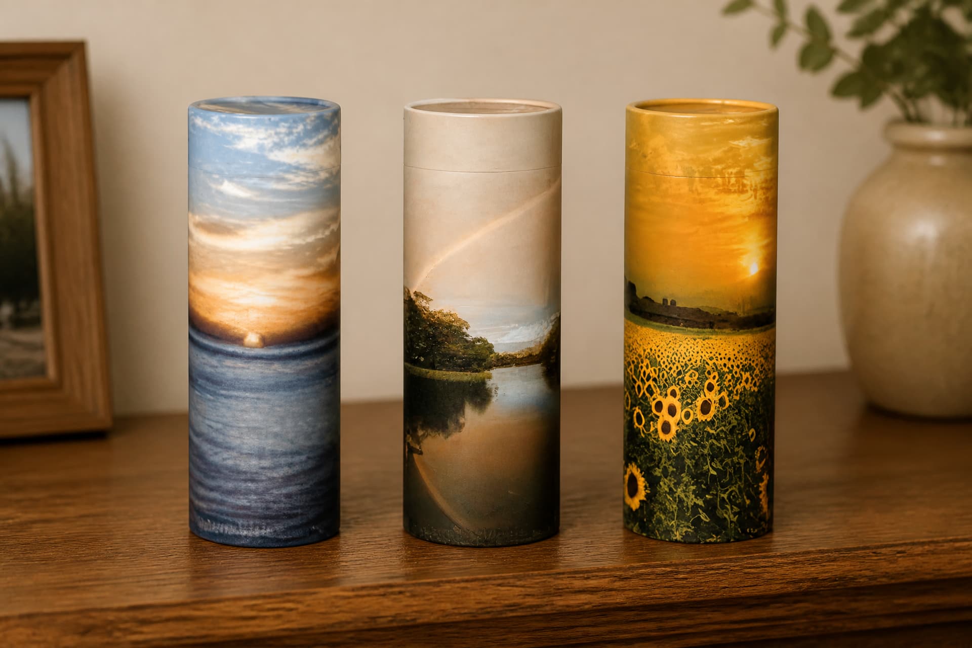 Three biodegradable paper scattering urns standing in a row on a wooden shelf in warm lamplight, printed with an ocean sunset, a rainbow over a river and a sunflower field at dusk