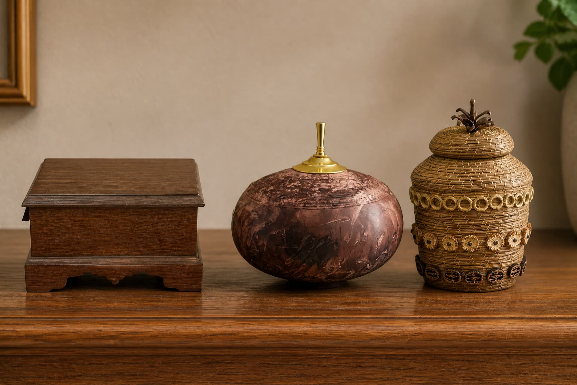 Three nature cremation urns on a wooden shelf in warm light: a plain hardwood chest on the left, a copper-toned raku pottery vessel with a brass finial in the middle, a woven basket urn on the right
