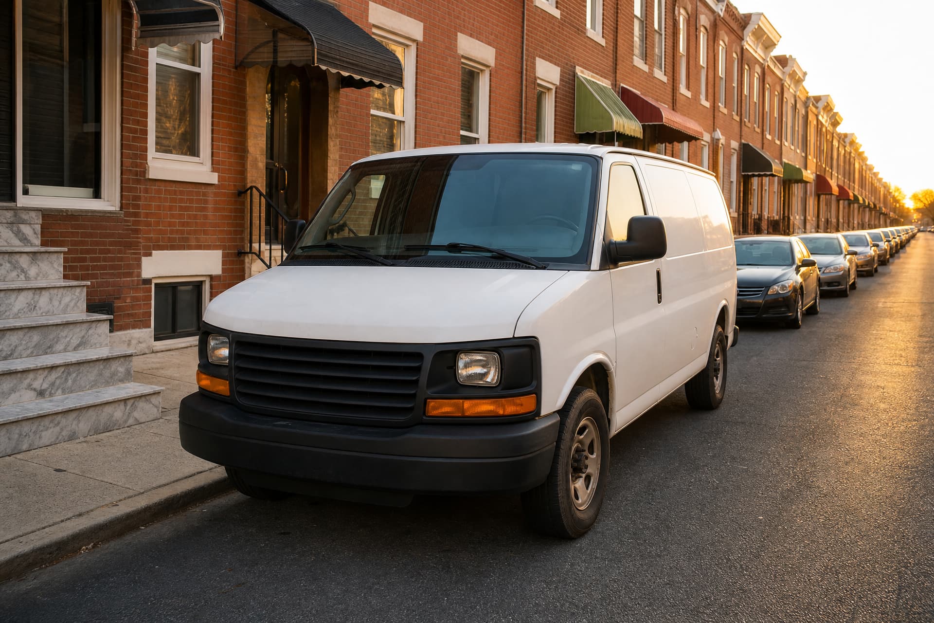 A plain white panel van parked at the curb of a Philadelphia rowhouse street in low evening sun, photographed from the front three-quarter angle, with red brick rowhouses and marble stoops running down the block behind it
