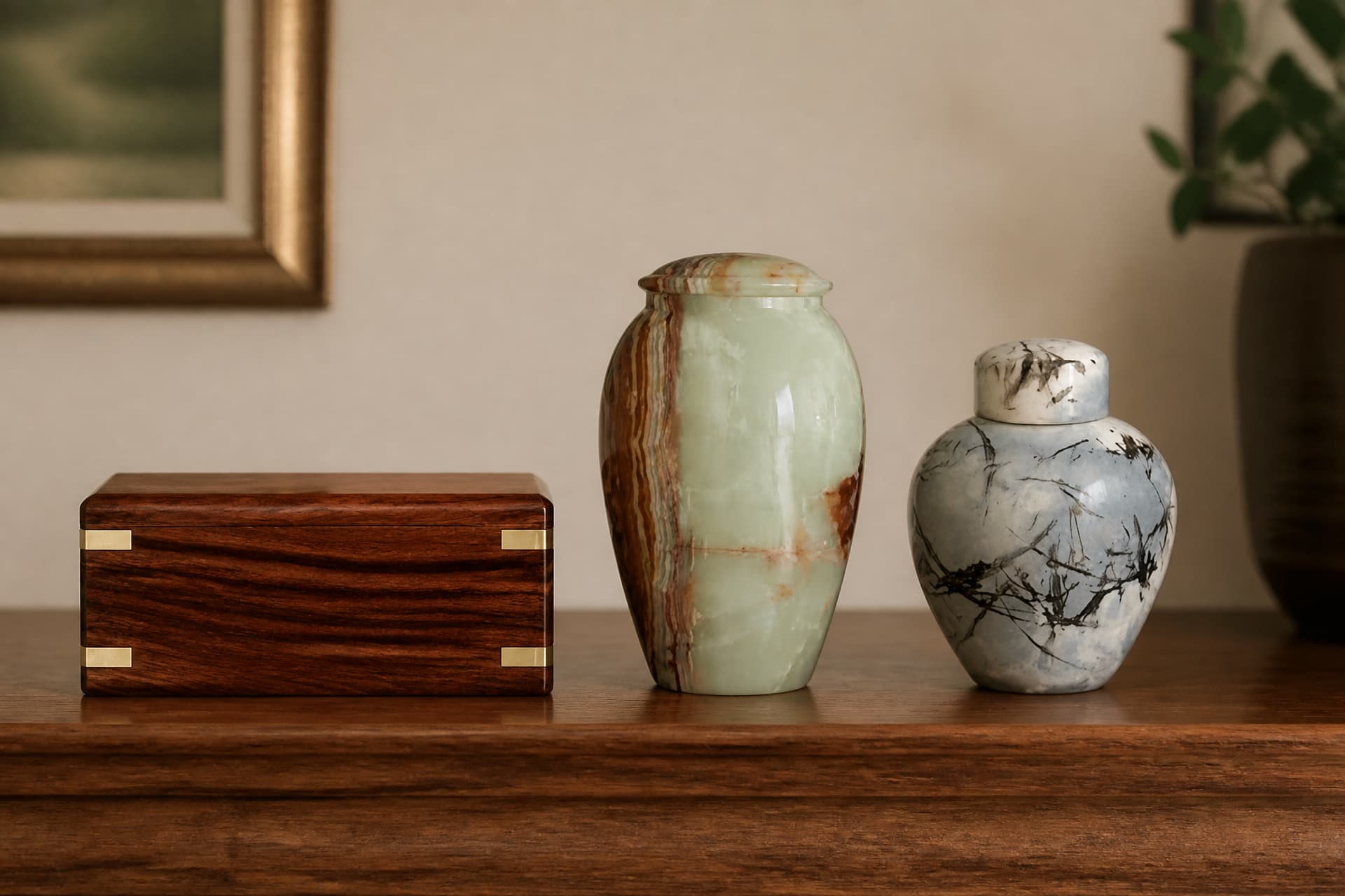 Three keepsake cremation urns standing in a row on a wooden shelf in a softly lit room โ a polished rosewood box with brass corner inlays, a pale green banded onyx vase urn, and a small gray and white raku ginger jar โ with a framed picture and a houseplant out of focus behind them