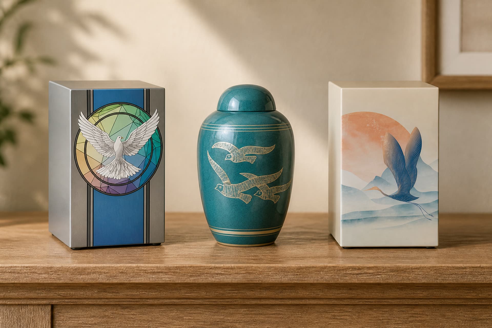 Three metal cremation urns standing in a row on a light wooden sideboard in daylight โ a brushed silver box urn with a stained-glass dove panel, a teal vase urn banded in gold with three silver doves, and a cream box urn painted with a blue crane over pale mountains