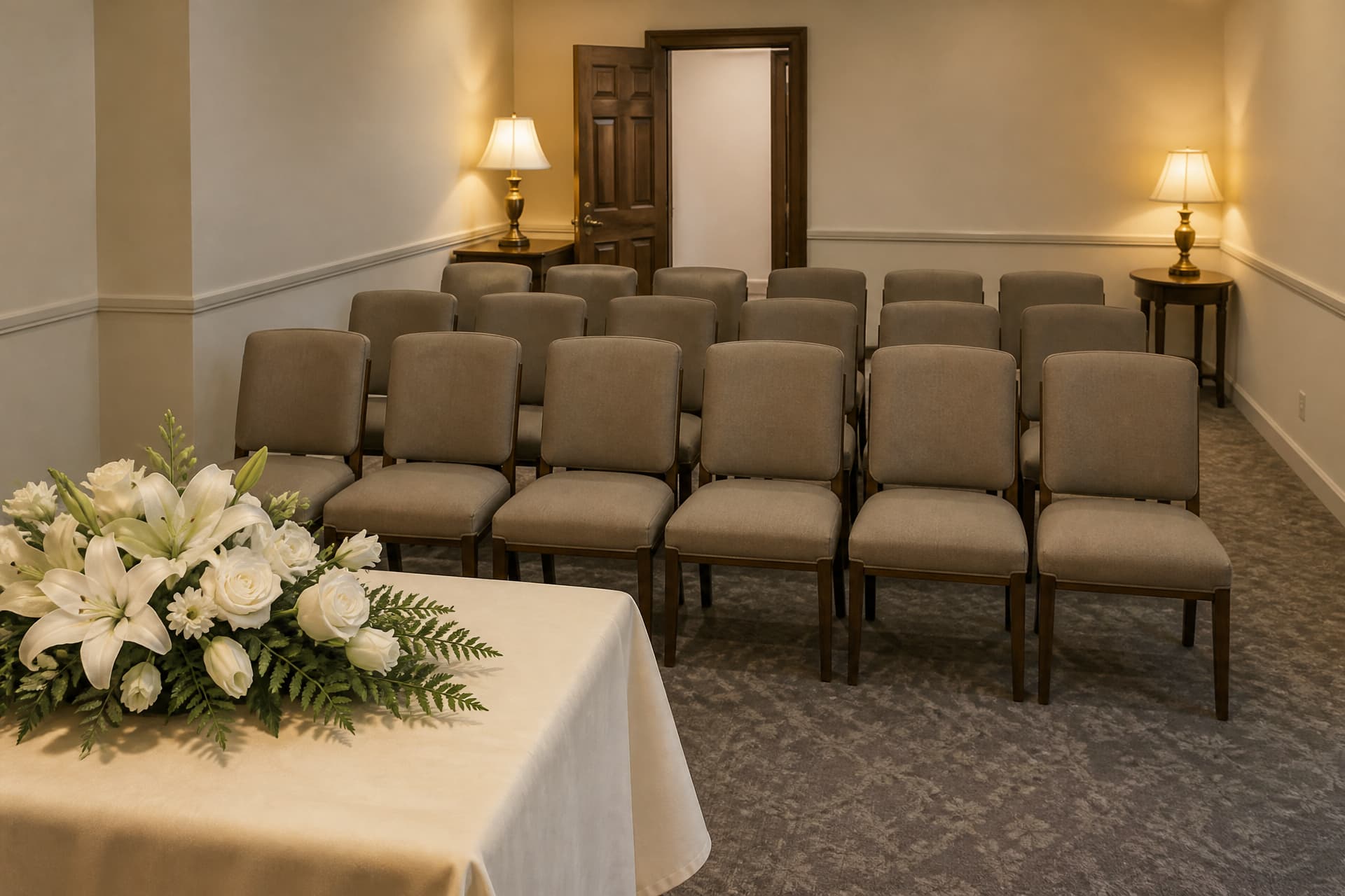 A funeral home viewing room photographed from the front beside a low ivory-draped table bearing a white lily and rose spray, looking back down the room at four rows of empty taupe upholstered chairs under warm table-lamp light, a panelled door standing open at the far wall