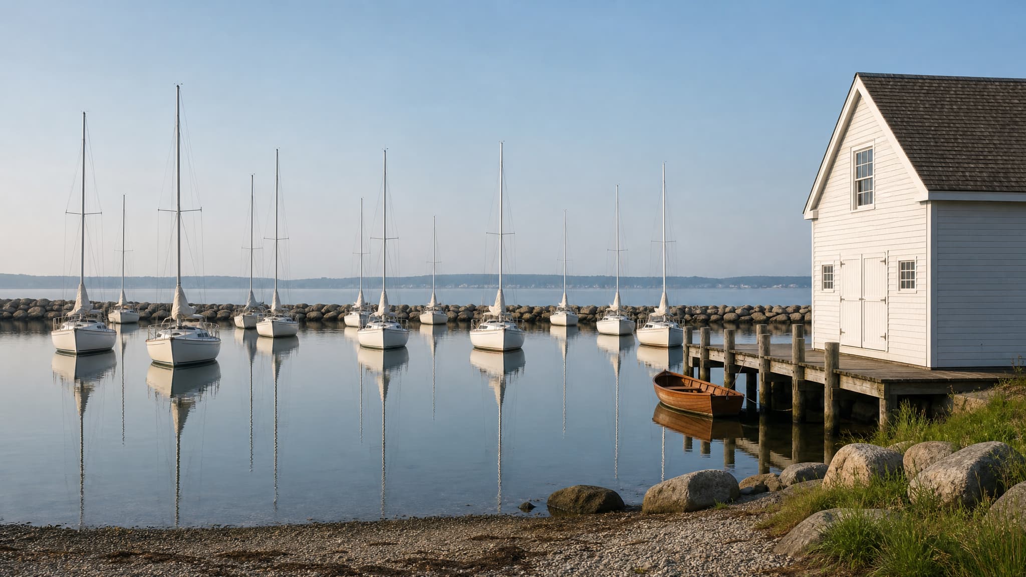 A Narragansett Bay harbor on a still morning, a dozen white sailboats lying bow-on at their moorings on mirror-flat water, a low granite breakwater behind them, and a white clapboard boathouse on a timber dock at the right