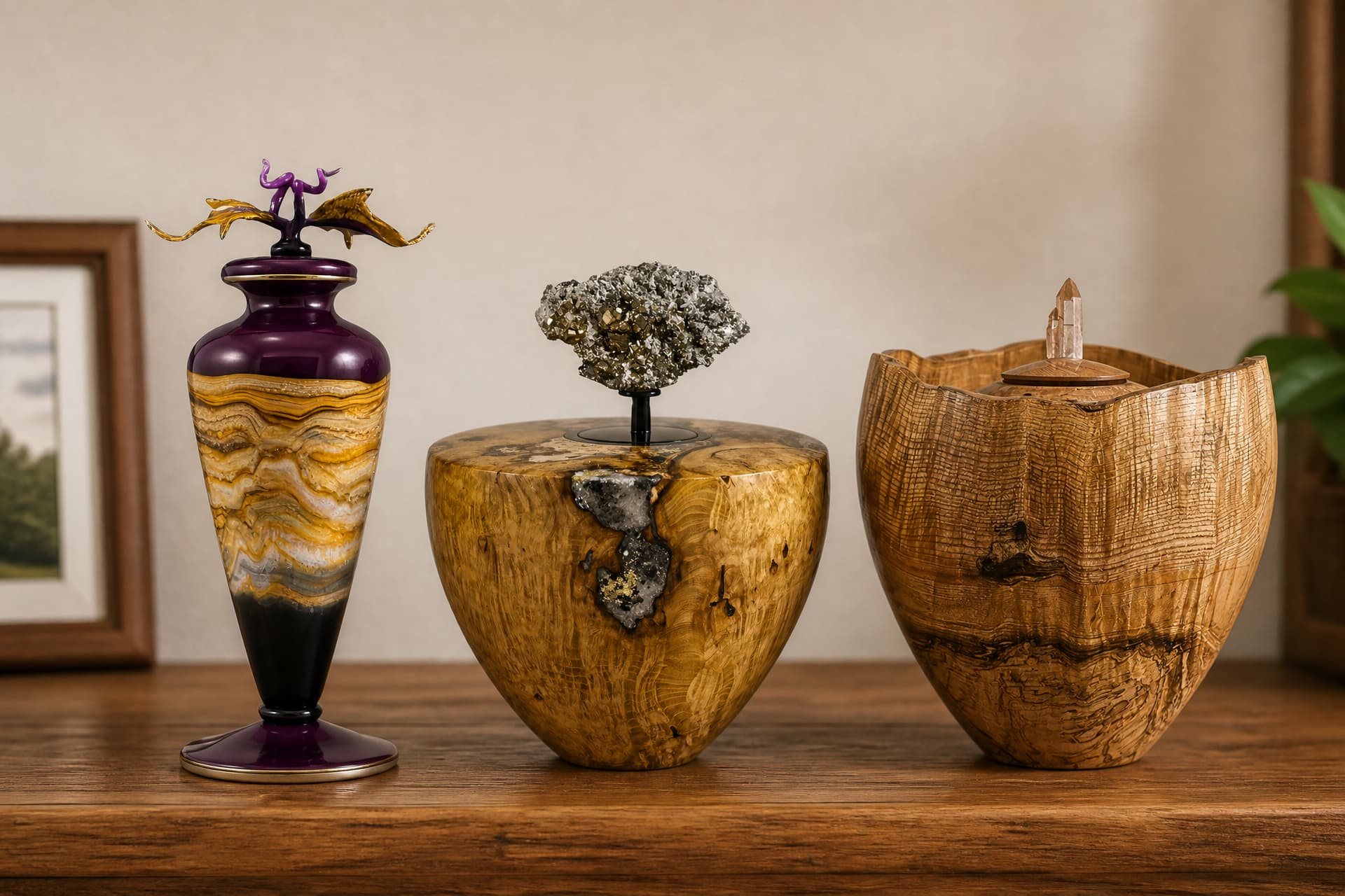 Three art cremation urns on a walnut sideboard: a footed glass amphora in deep purple and amber, a golden burl vessel topped by a pyrite cluster, and a carved wooden vessel with a quartz point