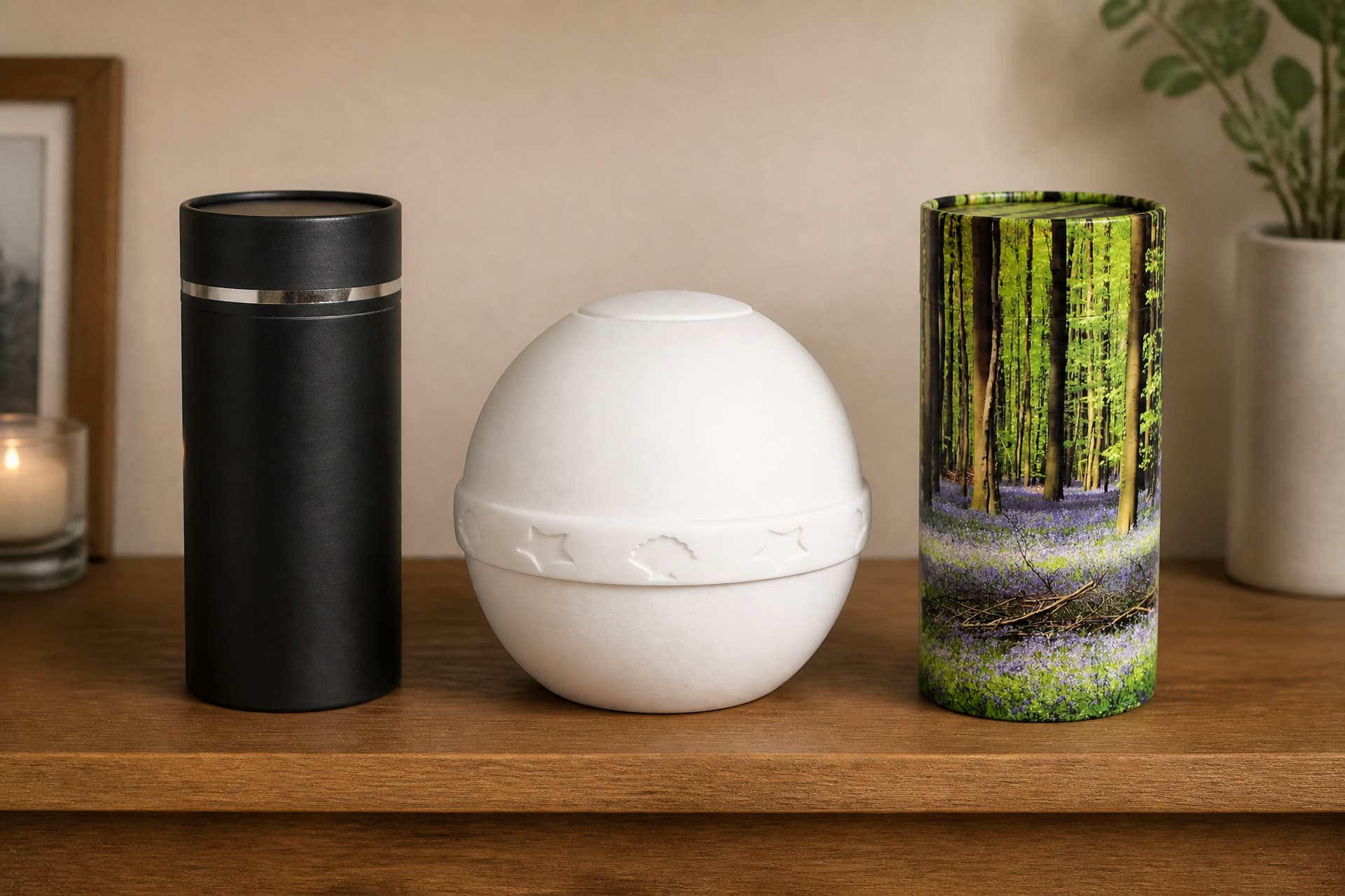 Three biodegradable cremation urns in a row on a walnut shelf: a matte black cylinder with a silver band, a white sphere embossed with shells and stars, and a cylinder printed with a bluebell wood