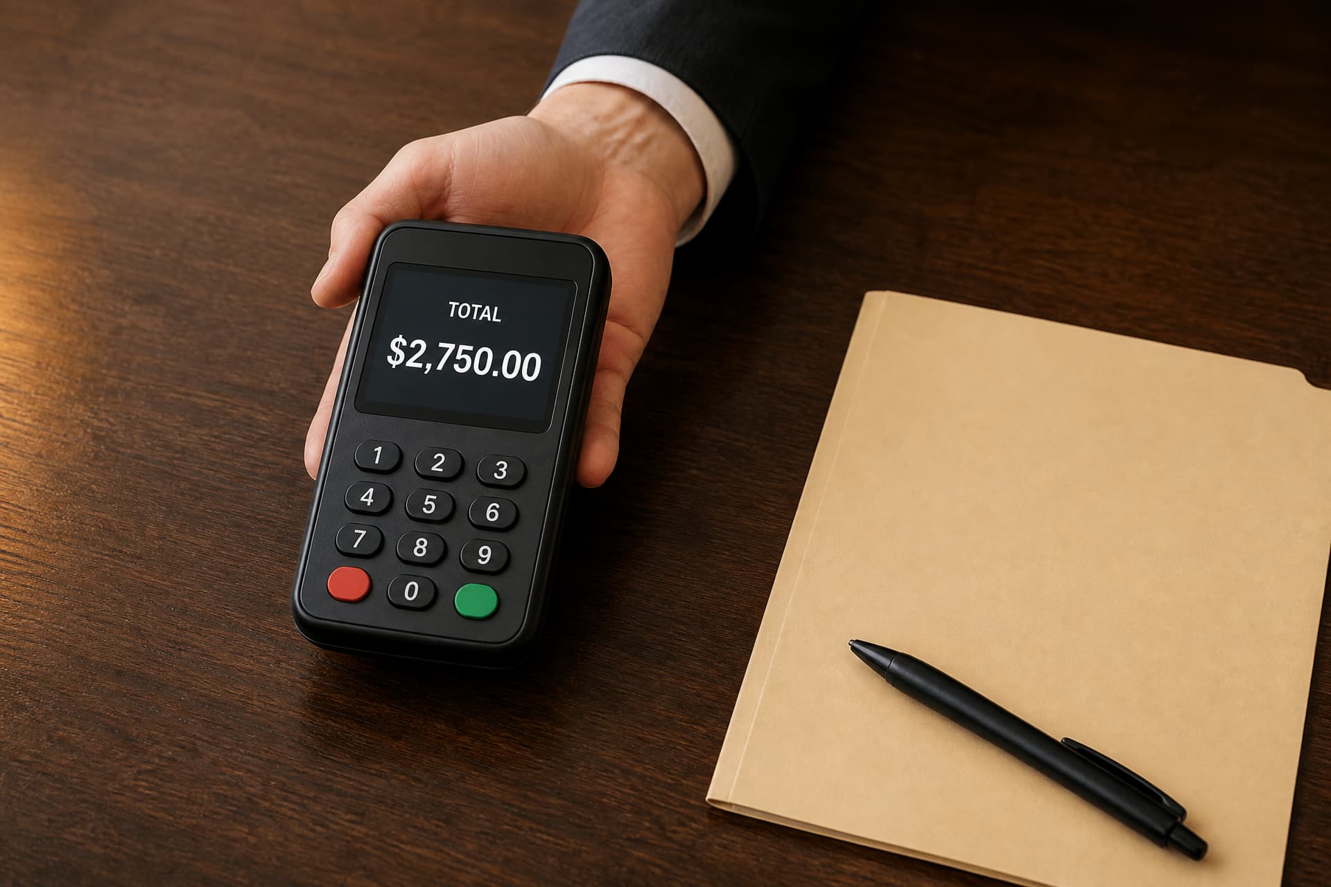 A hand in a dark suit sleeve holding out a plain black card payment terminal across a dark walnut funeral home counter, its screen reading TOTAL $2,750.00, with a closed manila folder and a black pen alongside