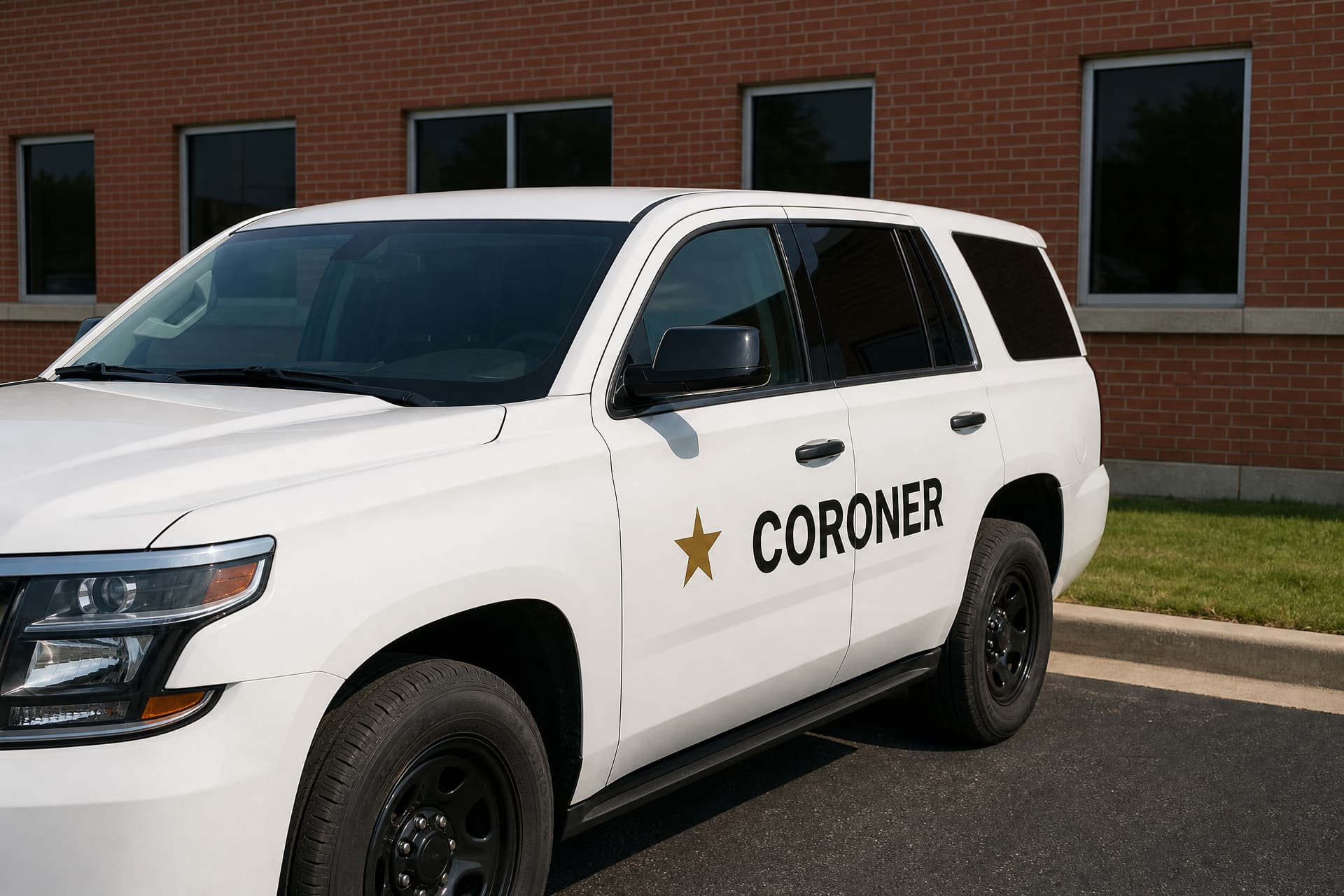 A plain white SUV lettered CORONER in black capitals beside a gold star on its front door, parked on asphalt in bright daylight against the plain red brick wall and dark windows of a county office building
