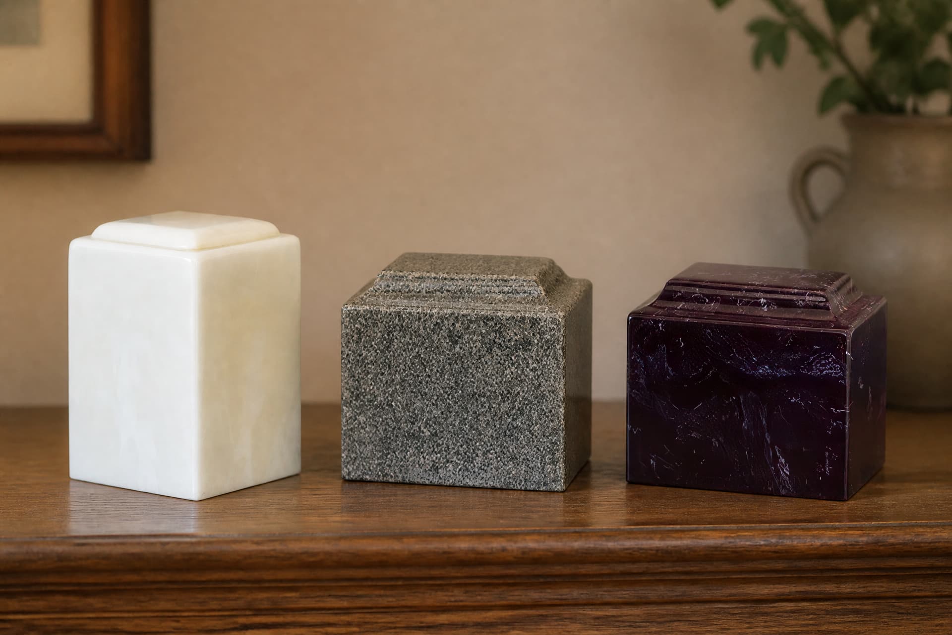 Three cultured stone cremation urns standing in a row on a dark wooden sideboard in warm indoor light: a tall cream marble box, a gray speckled granite box and a deep merlot marble box, each with a stepped lid