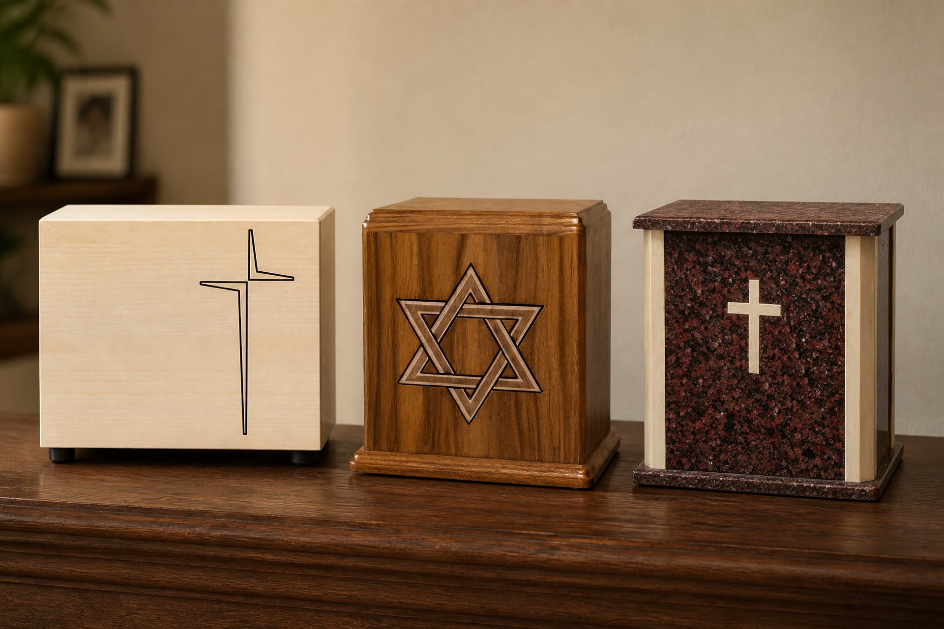 Three religious cremation urns on a dark wooden sideboard in soft light: a pale maple box with an outlined cross, a warm oak box with an inlaid Star of David, and a red granite box with a pale cross