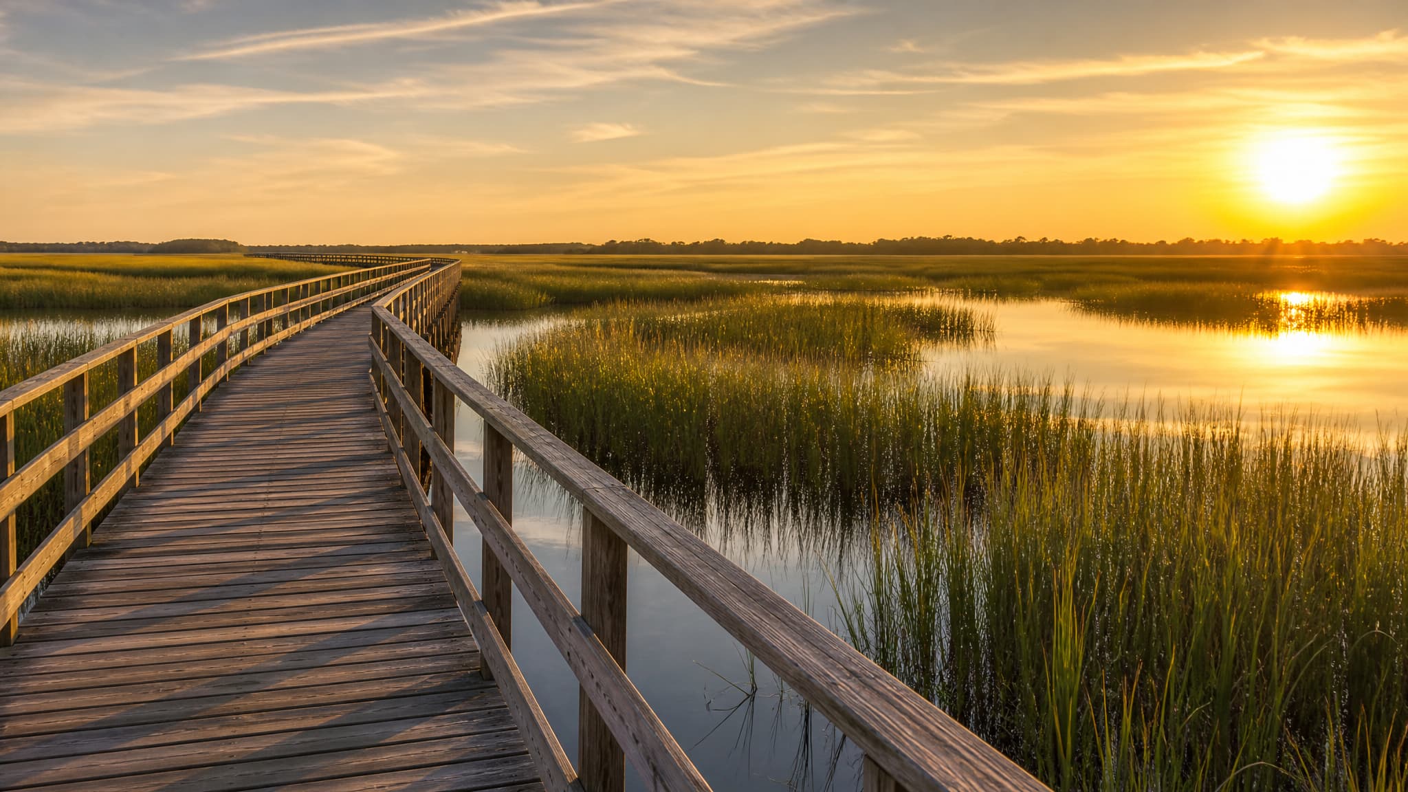 A weathered wooden boardwalk with handrails curving away over a South Carolina Lowcountry salt marsh at high tide, spartina grass and still tidal creeks reaching to a low treeline, the sun setting gold on the horizon