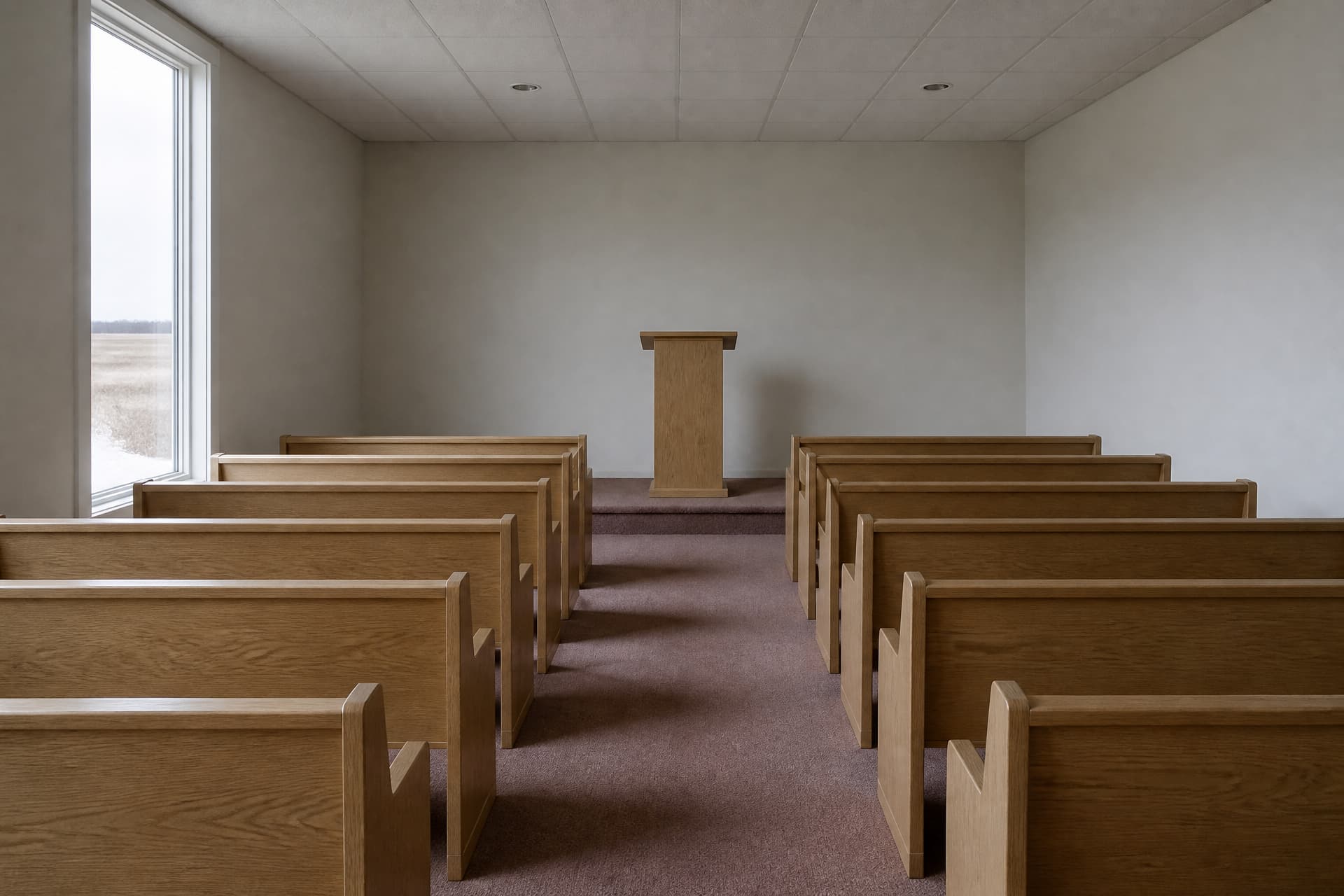 The empty chapel of a small-town funeral home in flat winter light: rows of pale oak pews either side of a dusty rose carpeted aisle, a plain oak lectern at the front, and a tall window onto bare prairie