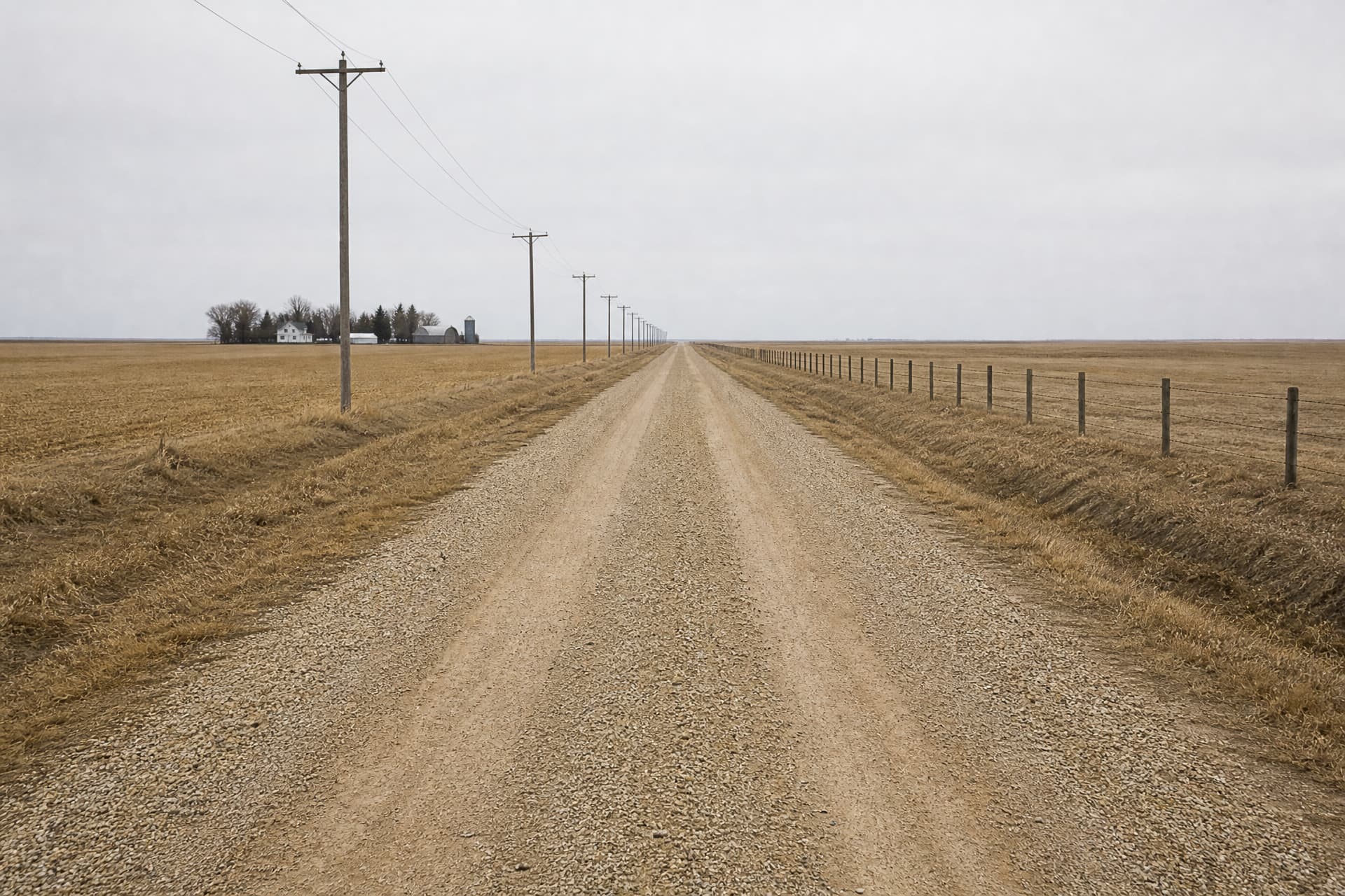 A straight gravel section-line road running away to the horizon across flat South Dakota cropland under a pale overcast sky, fence posts along one side and power poles along the other, one distant farmstead behind a bare shelterbelt