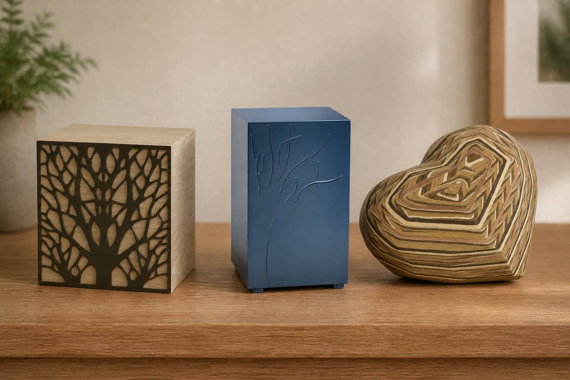 Three distinctive cremation urns in a row on a wooden sideboard: a pale wood cube with a dark cut-out tree panel, a slate-blue metal box with a raised branch relief, and a layered-wood heart